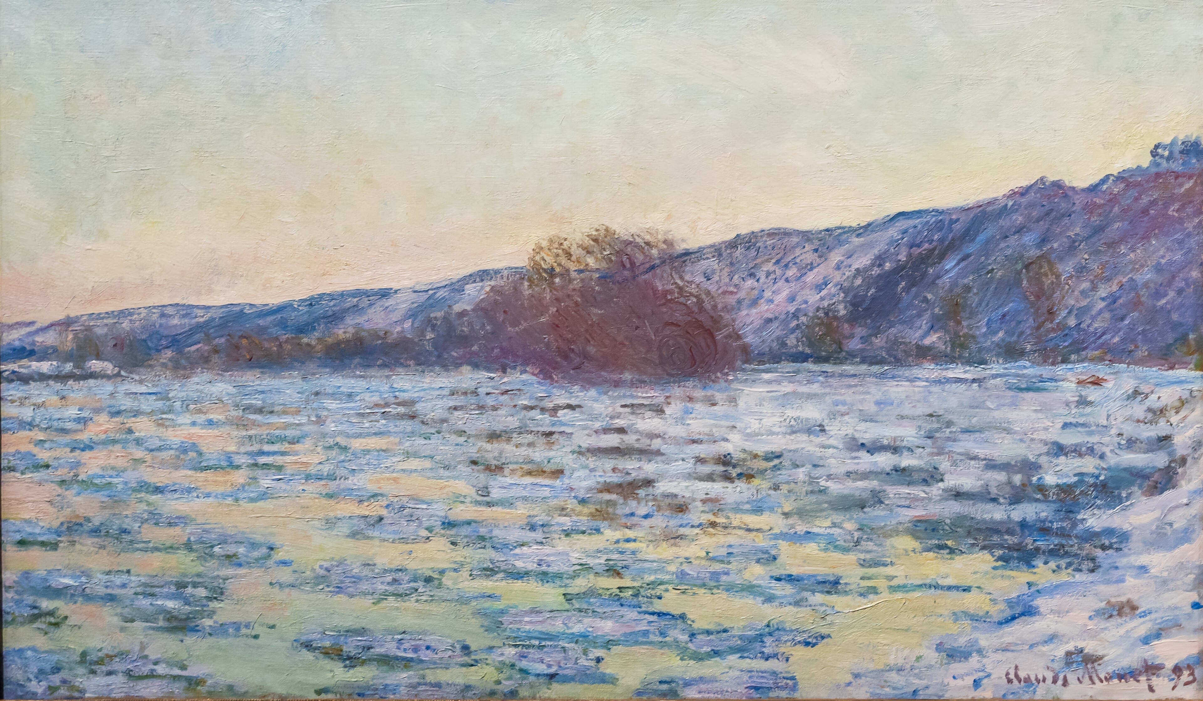 A frozen river packed with lilac and blue ice floes and glowing yellow gaps lies below snowy violet hills and a clump of rust-colored trees at twilight — Claude Monet, Ice Floes at Twilight, 1893