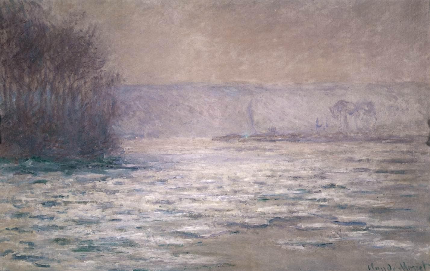 Broken ice glitters in silver and white across a wide river past a dark thicket of bare plum-colored trees at left, with hills dissolving into mauve haze beyond — Claude Monet, Ice Floes on the Seine near Bennecourt, 1893
