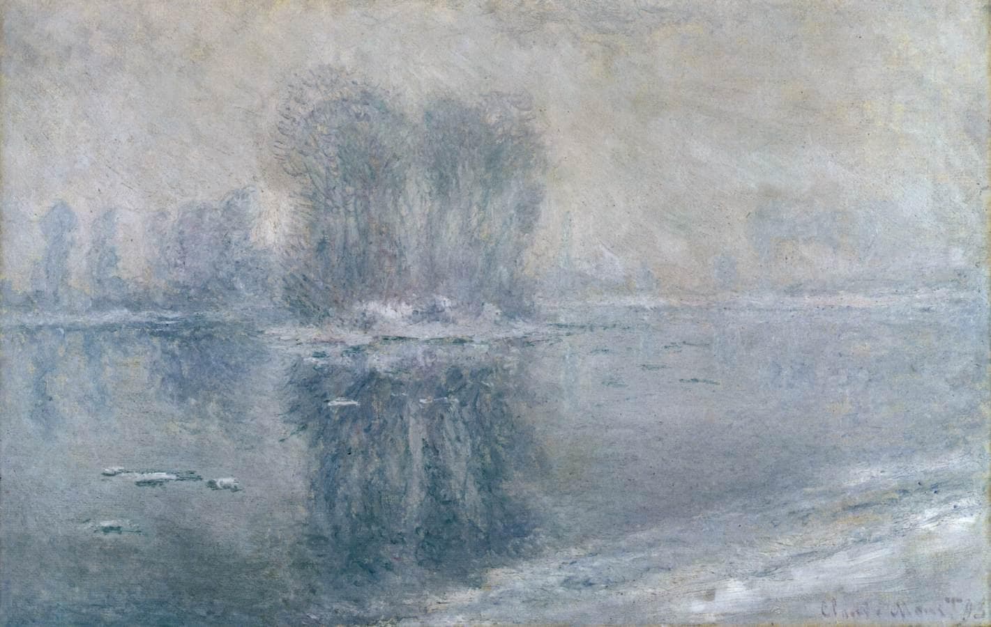 A clump of bare island trees and a line of poplars fade into white fog above a still river, their dark reflections broken by a few floating slabs of ice and a snowy bank at lower right — Claude Monet, Ice Floes, 1893