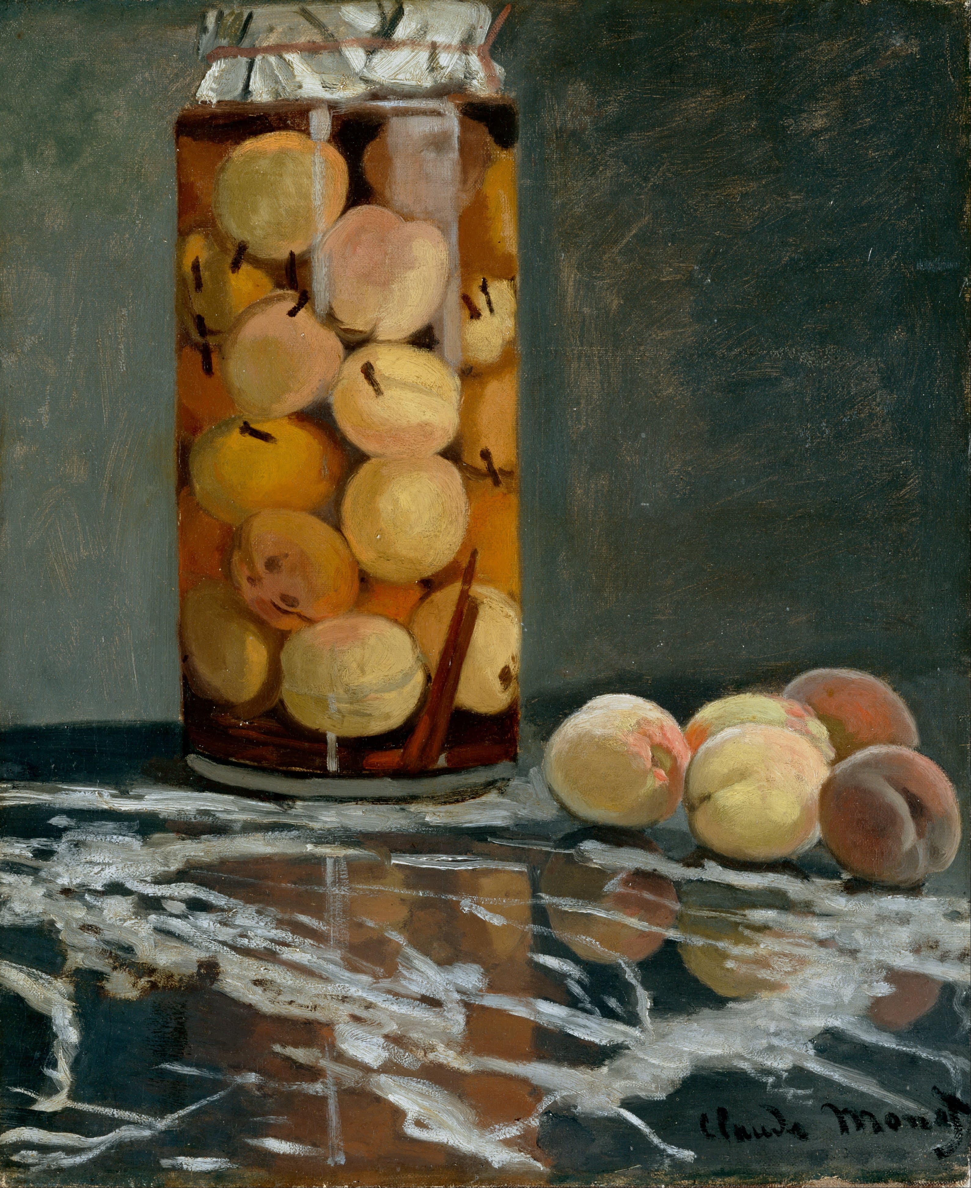 A tall glass jar of peaches in amber syrup sealed with paper and string, four fresh peaches beside it, reflected in a dark polished table — Claude Monet, Jar of Peaches, c. 1866