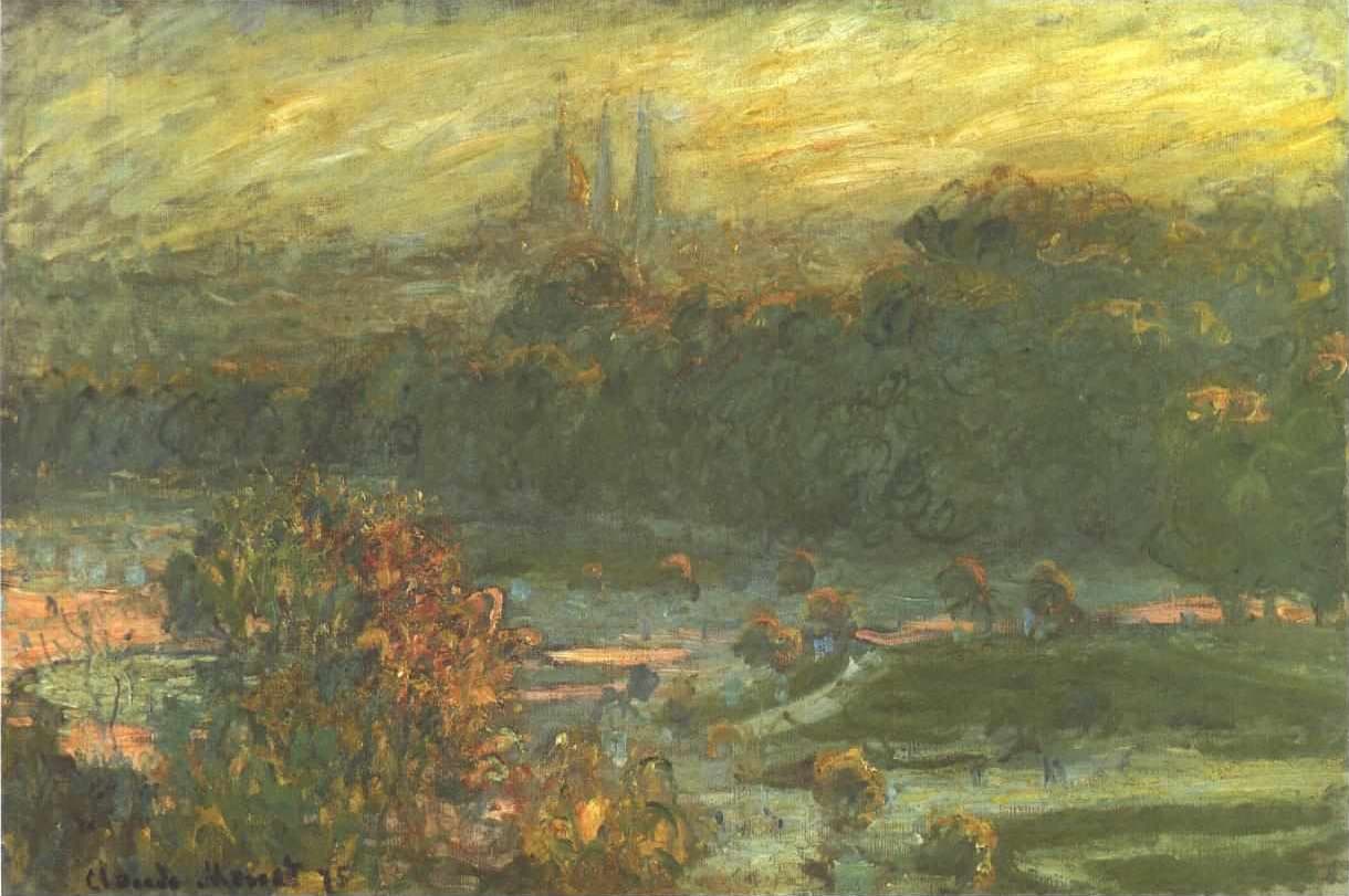 A Paris garden seen from above, an autumn bush in front, lawns, dark trees and faint spires under a streaked golden sky — Claude Monet, The Tuileries (Study), c. 1875–76