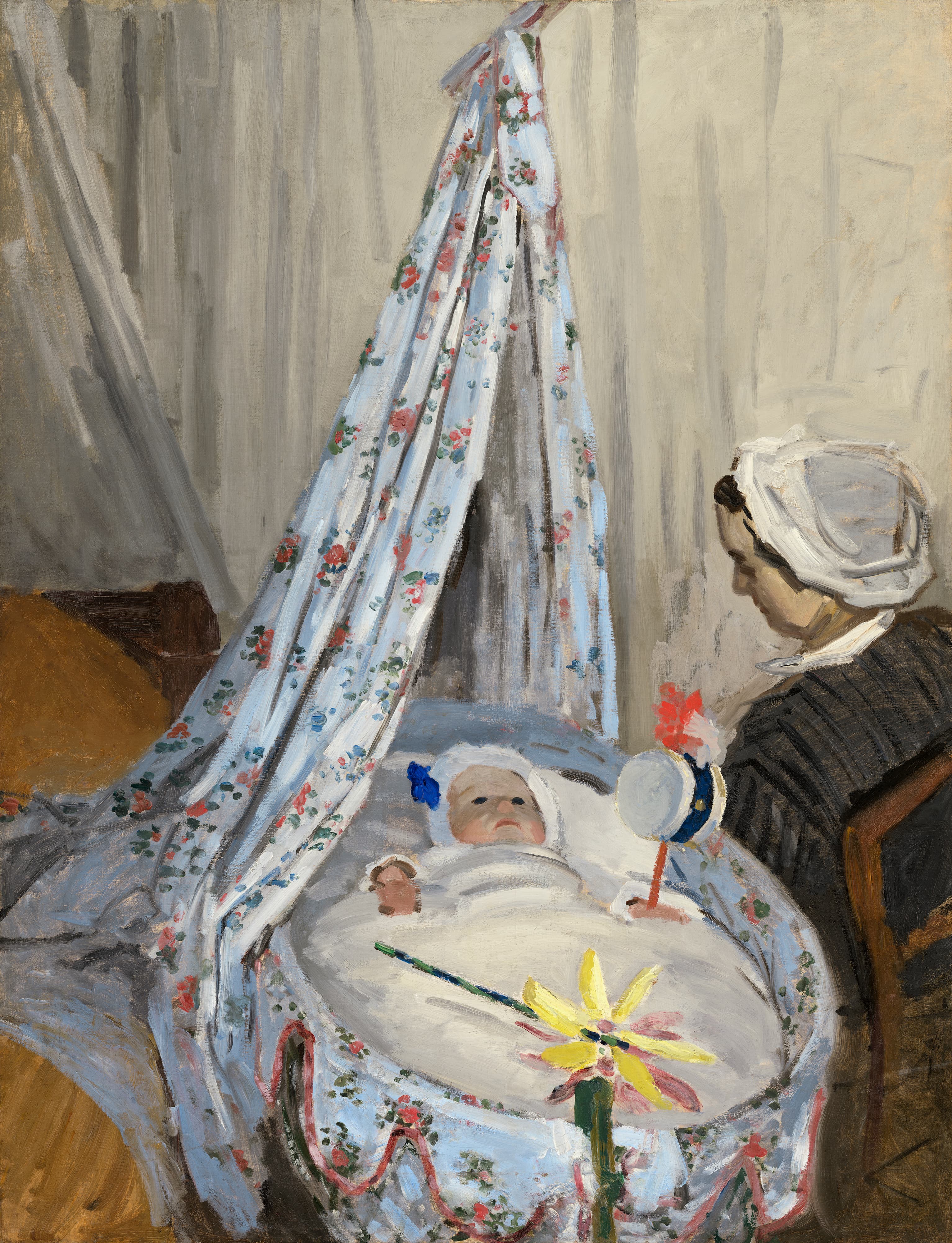 A baby in a white bonnet lies in a cradle draped with red-flowered fabric, with a pinwheel and rattle, watched by a seated woman in a white cap — Claude Monet, The Cradle – Camille with the Artist's Son Jean, 1867