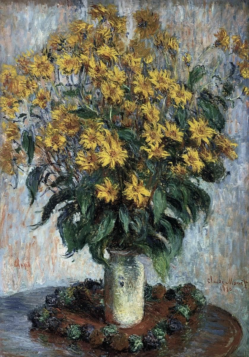 Tall stems of small yellow daisy-like flowers and long pointed green leaves fan out from a vase — Claude Monet, Jerusalem Artichoke Flowers, 1880