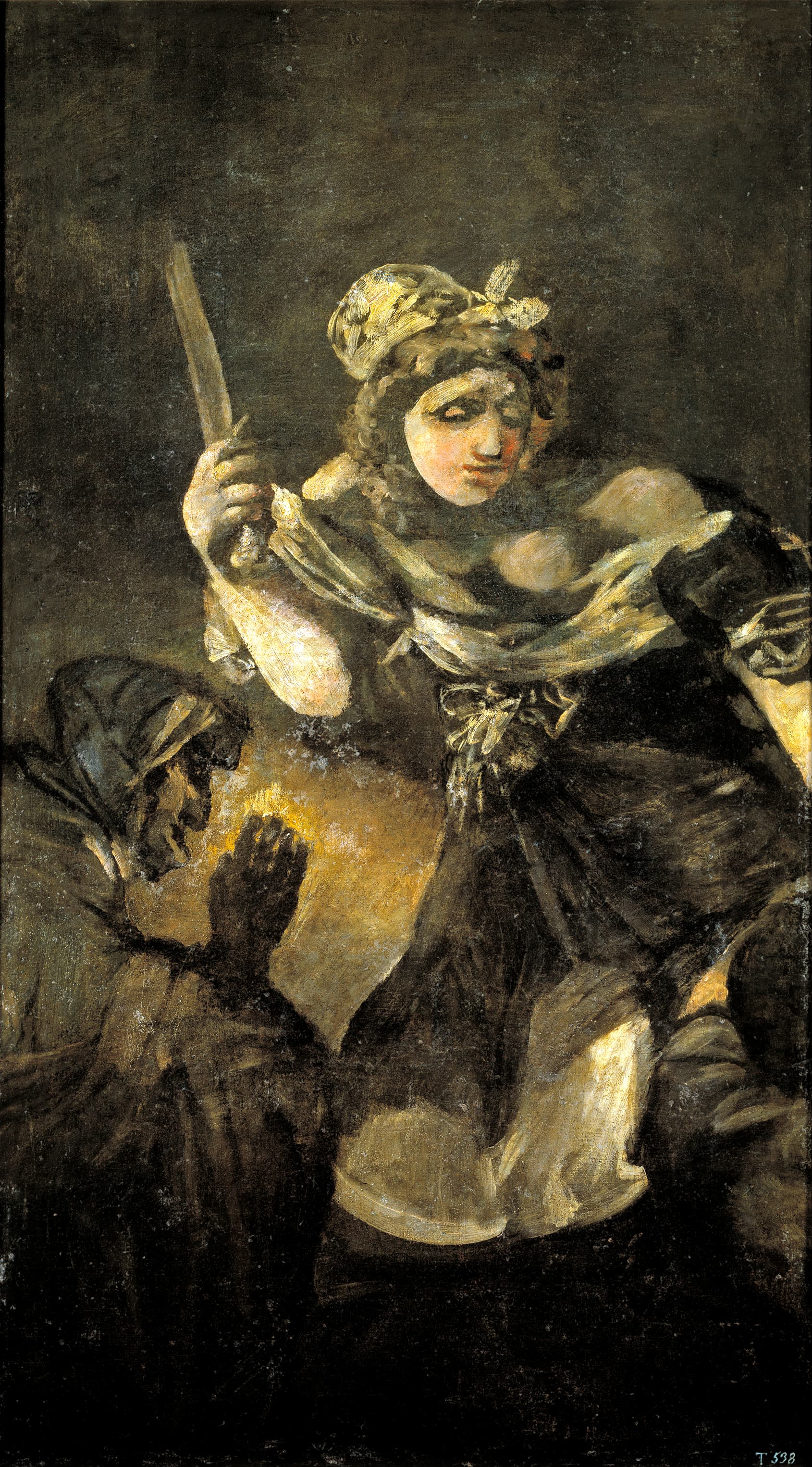A heavy-set woman in a pale headdress raises a blade in torchlight while an old woman crouches beside her in prayer, against darkness — Francisco Goya, Judith and Holofernes, c. 1819–1823