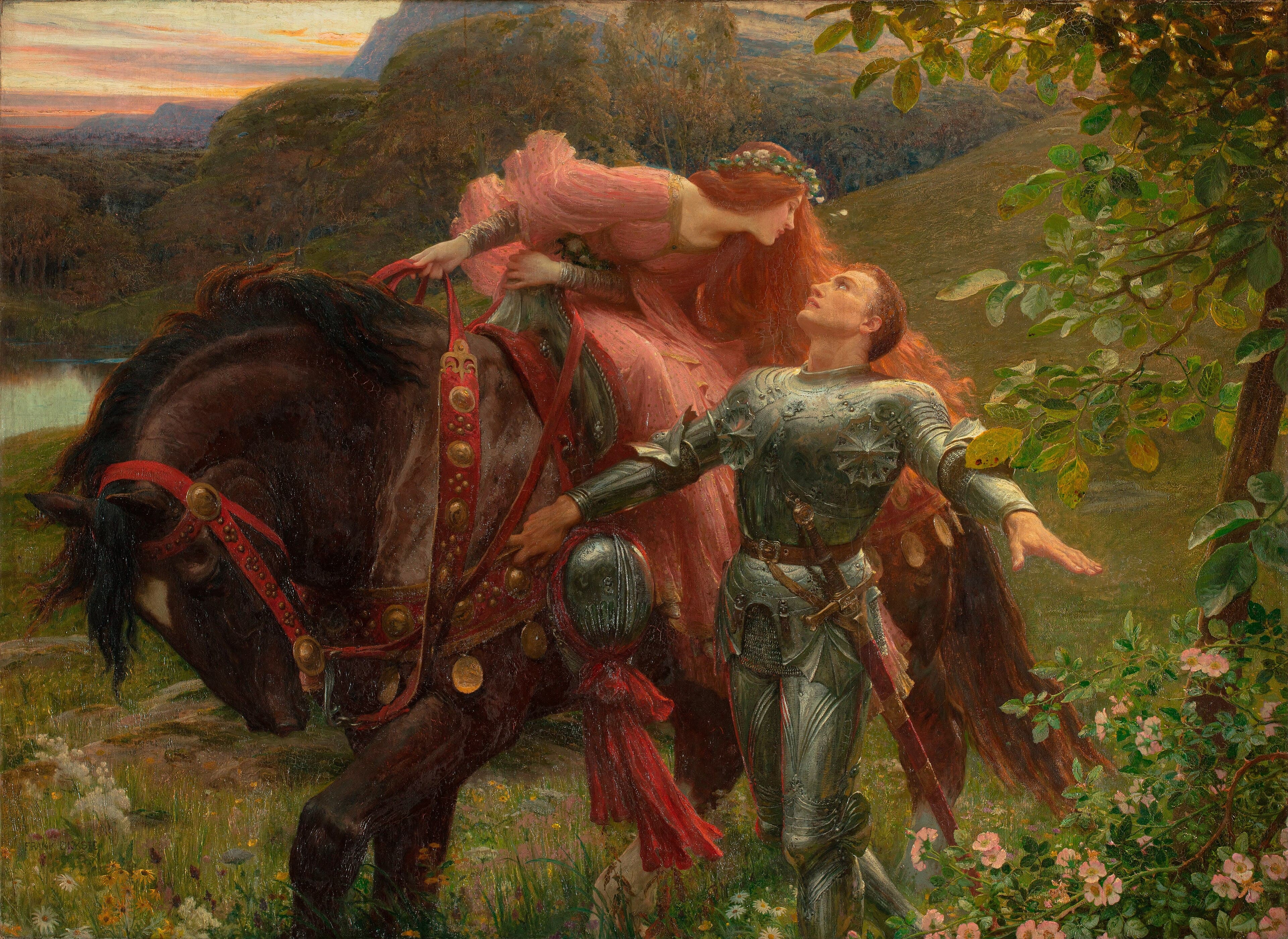 A red-haired woman in a pink gown leans down from a dark horse toward an armored knight who gazes up at her on a hillside at sunset — Frank Dicksee, La Belle Dame sans Merci, 1901