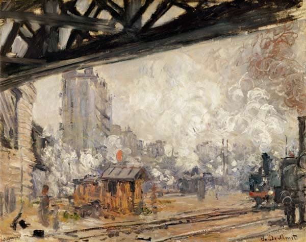 Black iron bridge girders frame the top of a railway yard filled with white steam, a tall building, a small brown hut and locomotives — Claude Monet, La Gare Saint-Lazare, vue extérieure, 1877