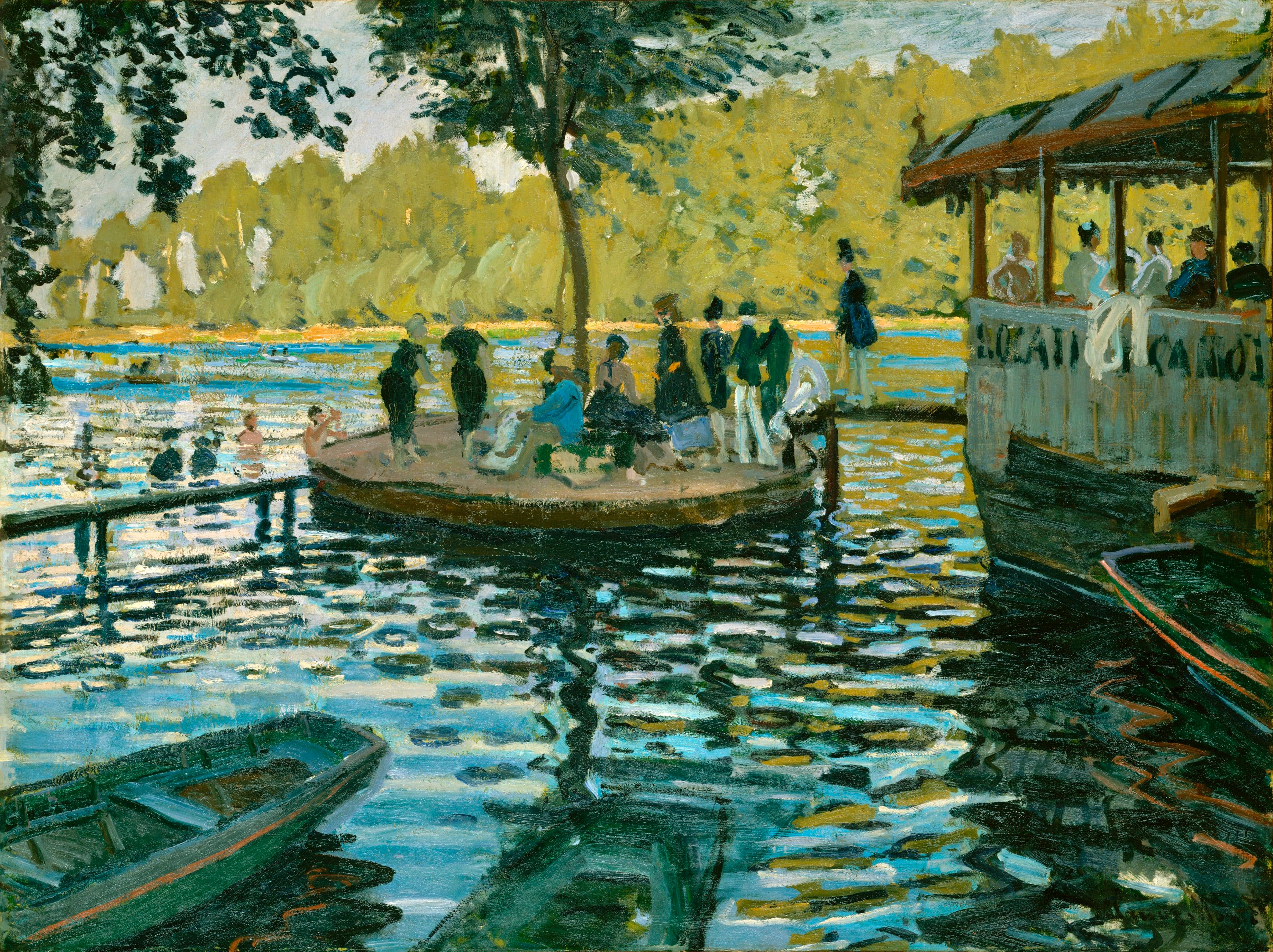 Holidaymakers crowd a small tree-shaded island linked by planks to a café-barge, with swimmers and rowing boats on rippling water — Claude Monet, La Grenouillère, 1869
