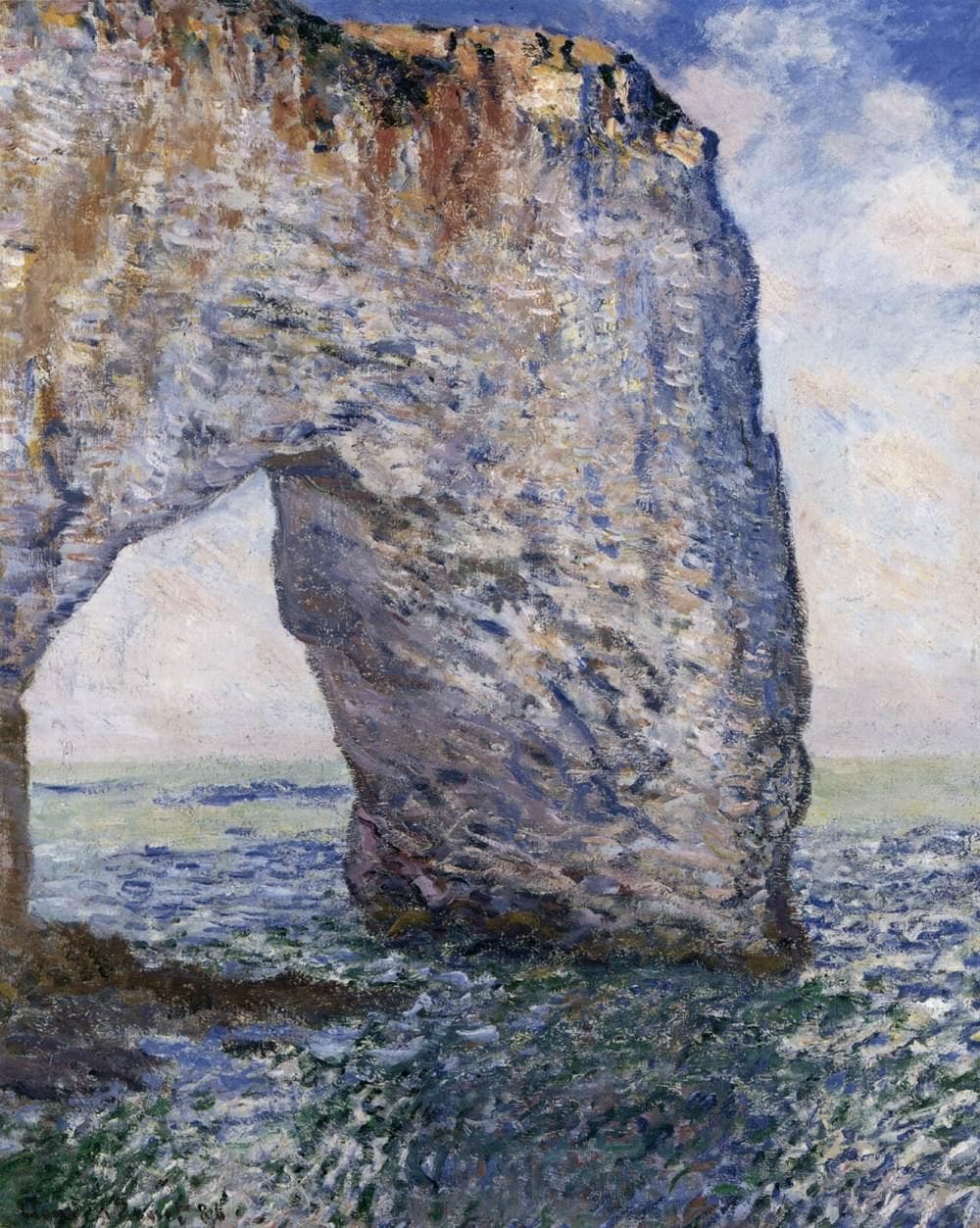 A massive lilac and ochre chalk arch rises from a choppy blue-violet sea, with pale sky and water seen through its opening — Claude Monet, The Manneporte near Étretat, 1886