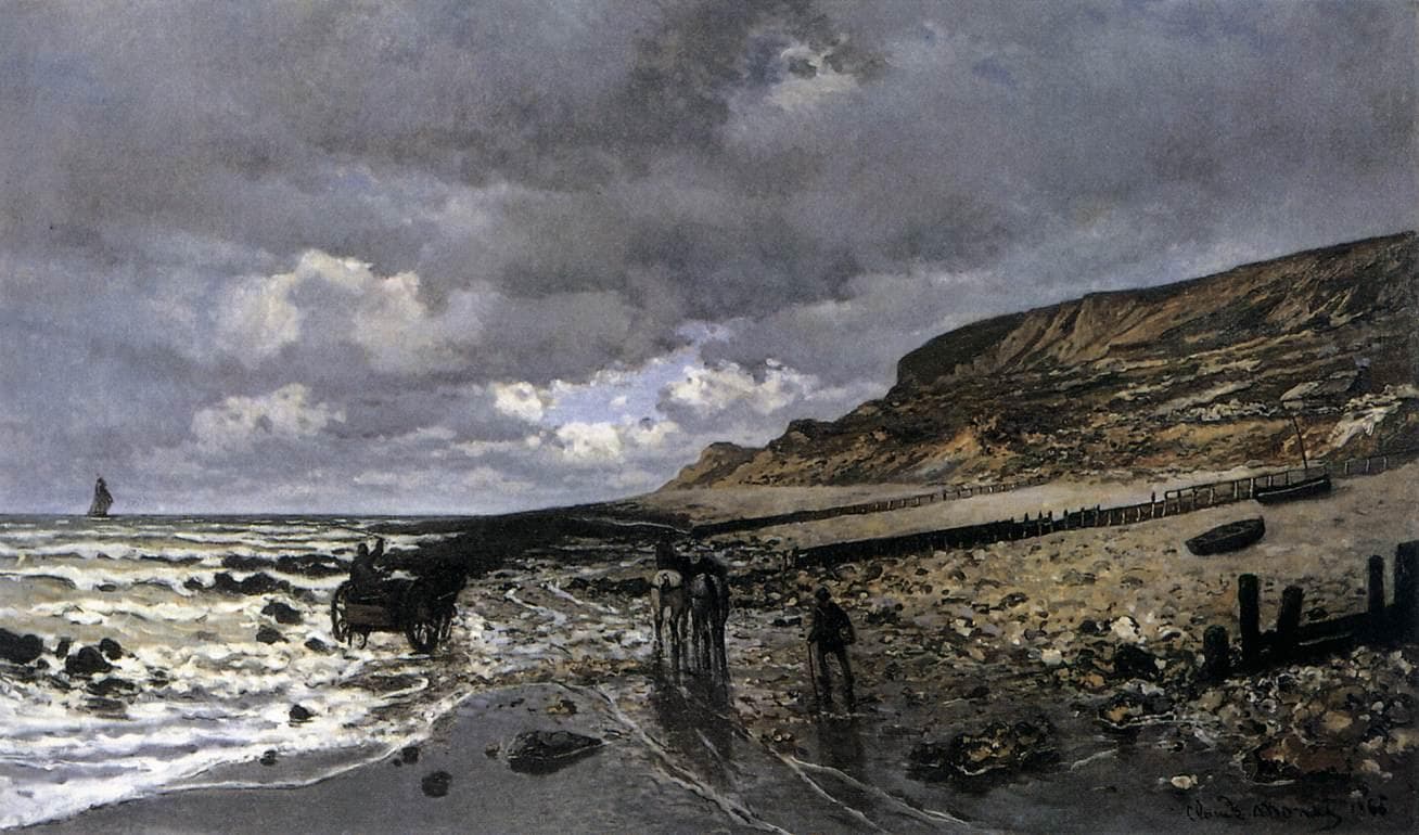 A wet beach at low tide with wooden groynes, a horse cart in the surf, two horses and a walking man below a cliff and heavy storm clouds — Claude Monet, La Pointe de la Hève at Low Tide, 1865