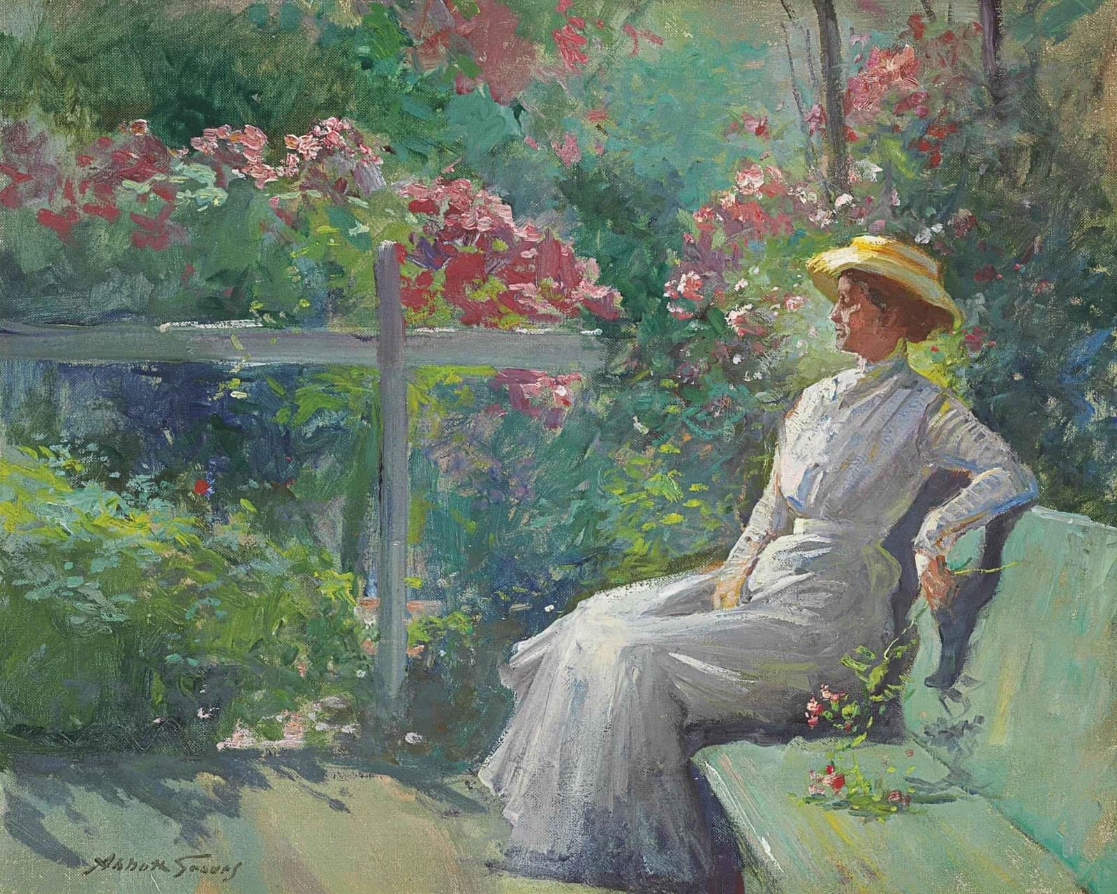 A woman in a long white dress and straw hat sits on a green bench in a garden of pink and crimson flowers — Abbott Fuller Graves, Lady in the Garden