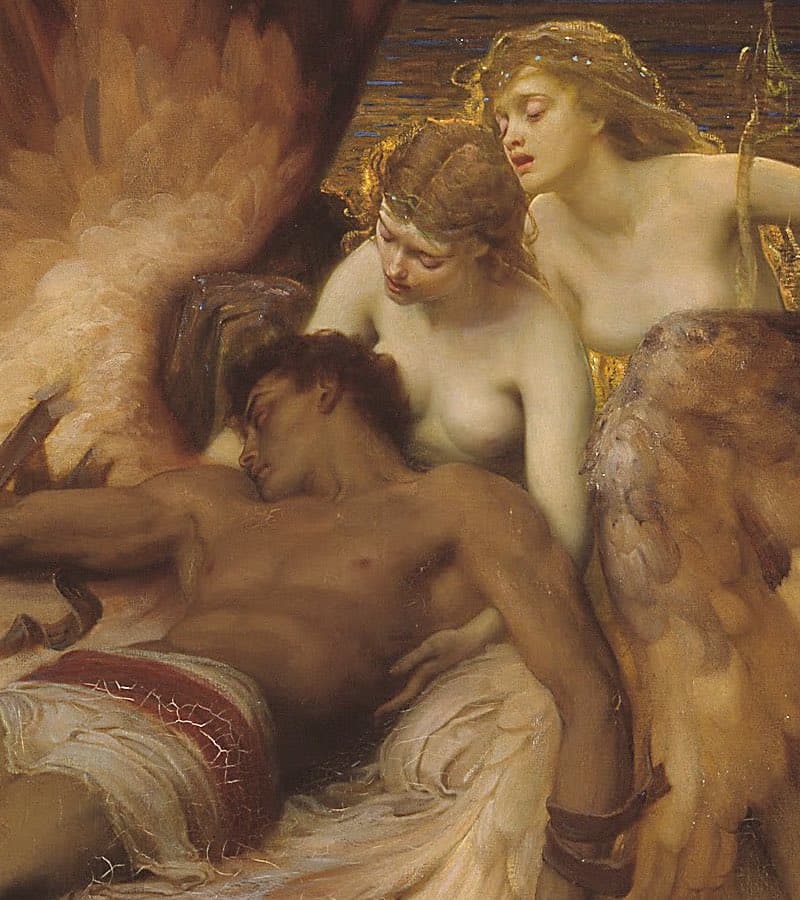A dark-skinned young man lies dead against a red-haired nymph, a second nymph behind her, huge brown feathered wings spread around them — Herbert James Draper, The Lament for Icarus, 1898 (detail)