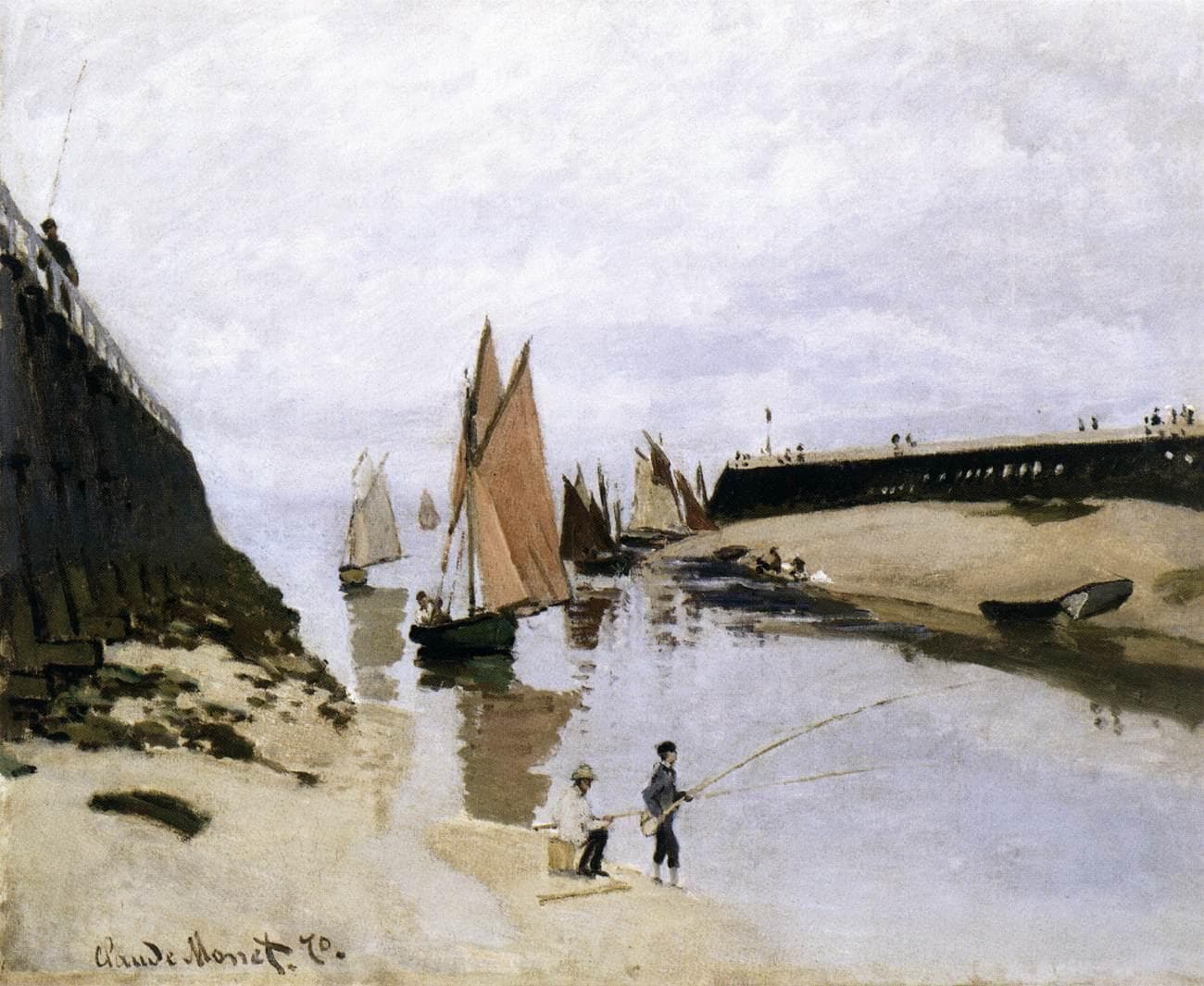 Two harbor jetties frame a shallow channel at low tide with sailing boats, while two boys fish from the sand in the foreground under a grey sky — Claude Monet, Landing Stage at Trouville, Low Tide, 1870