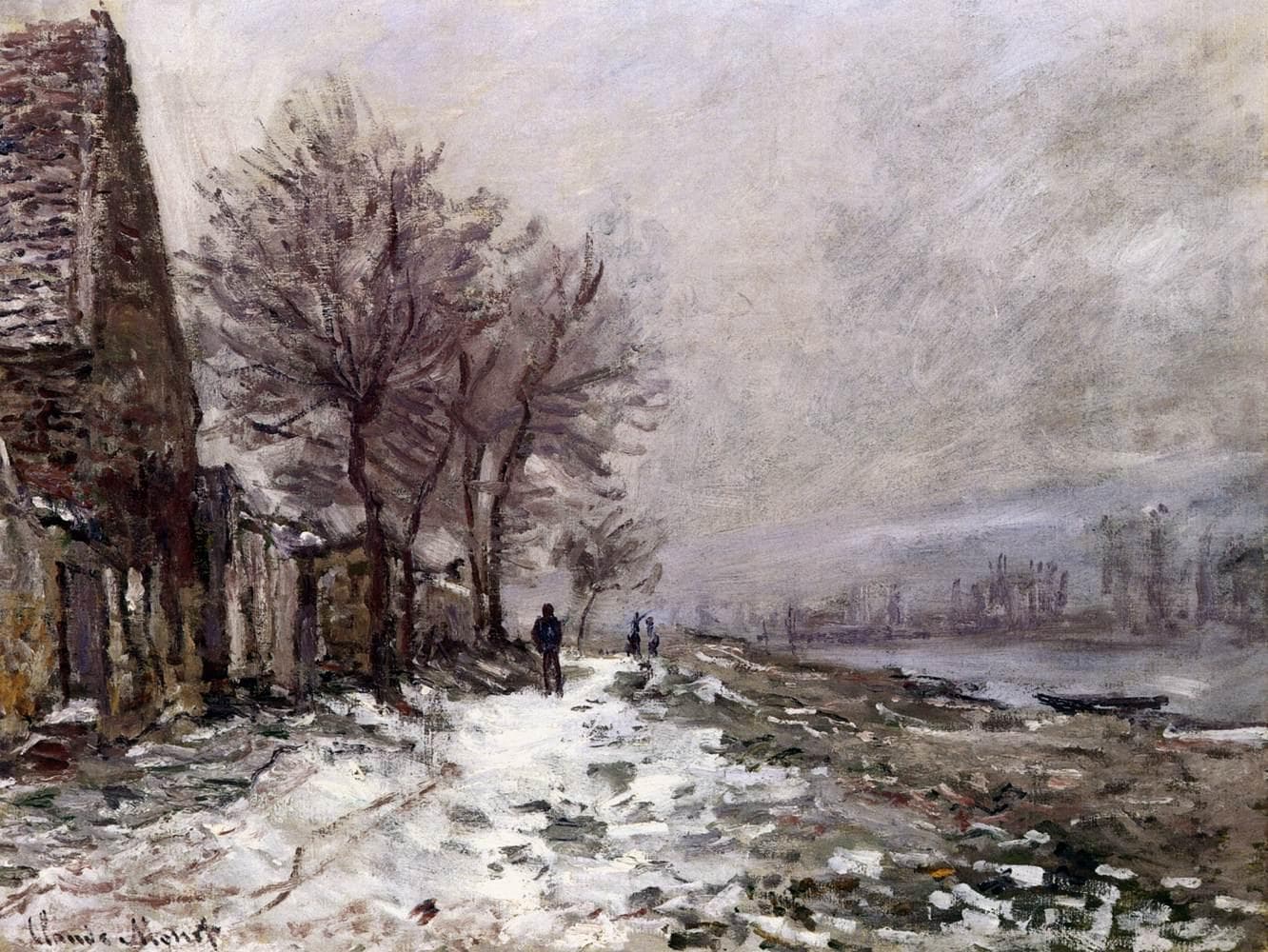 A snowy riverside road runs past old stone houses and bare trees, with small dark figures walking under a heavy gray sky beside the Seine — Claude Monet, Lavacourt in Winter, 1879