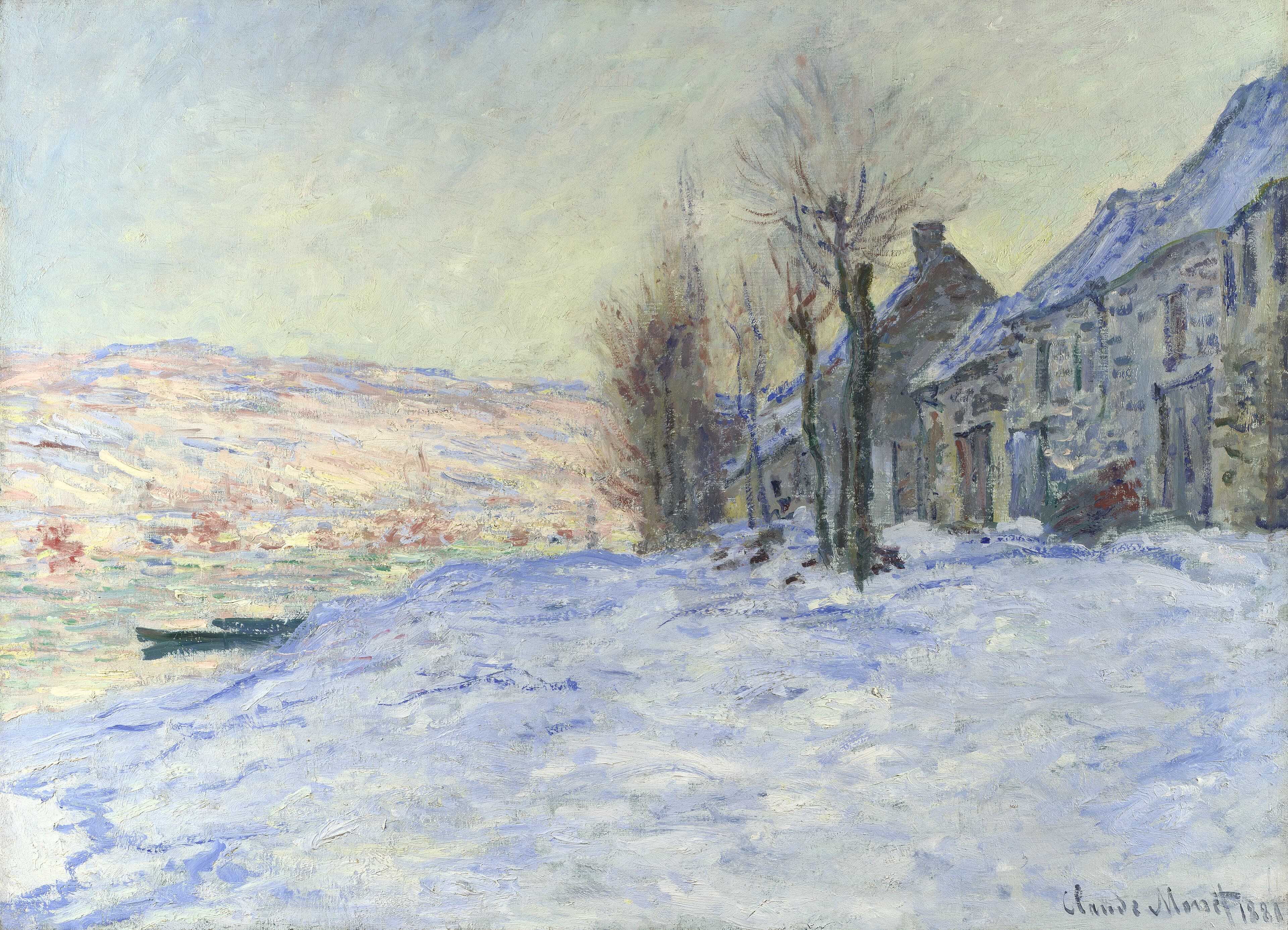 A row of snow-covered stone cottages and bare trees runs along a snowy bank beside a cold river, distant hills pink in winter sun — Claude Monet, Lavacourt under Snow, c. 1878–81