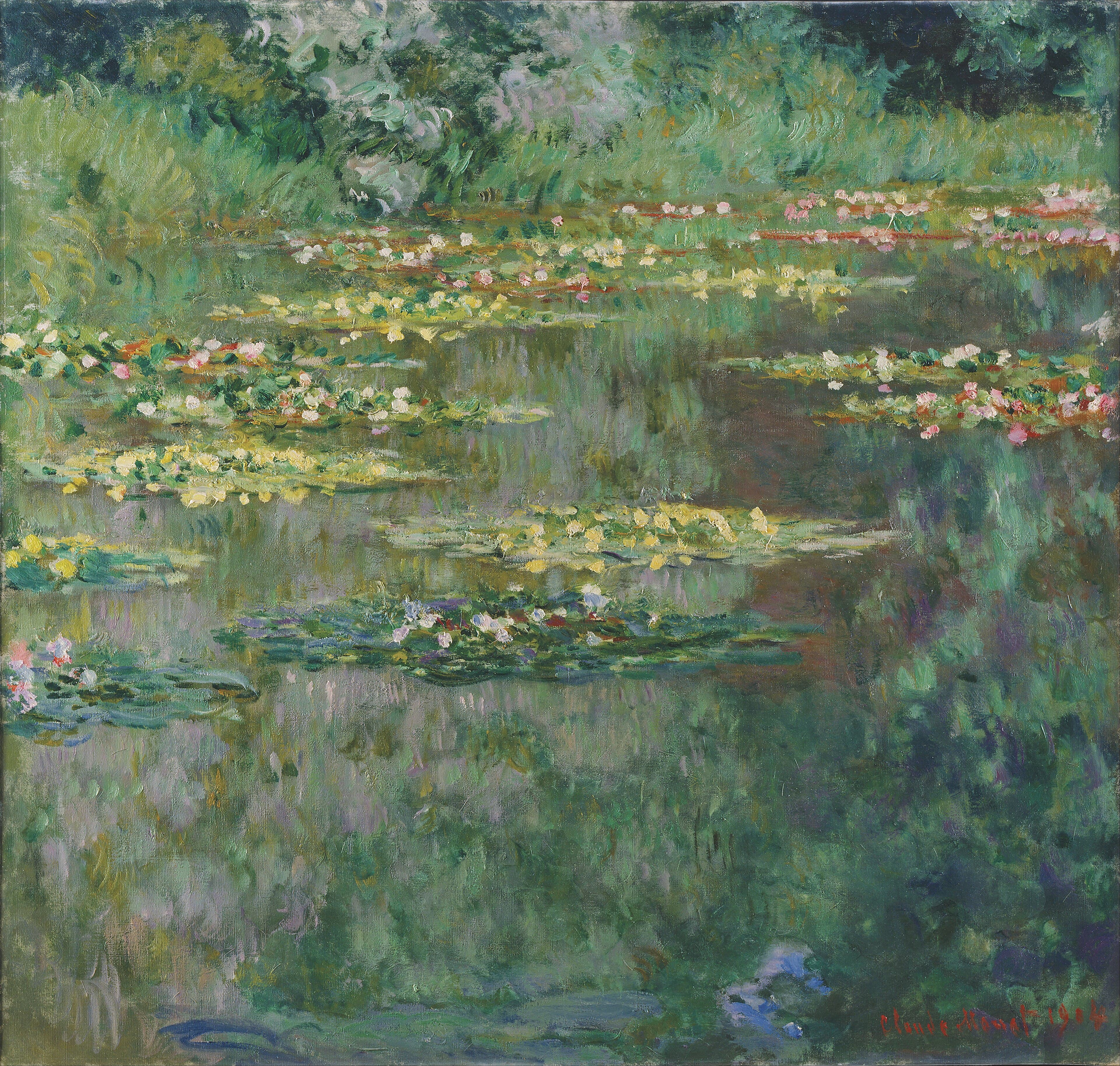 Bands of lily pads with pink, white and red flowers recede across a pond toward a grassy bank, with silvery green reflections below — Claude Monet, Le Bassin des Nymphéas, 1904