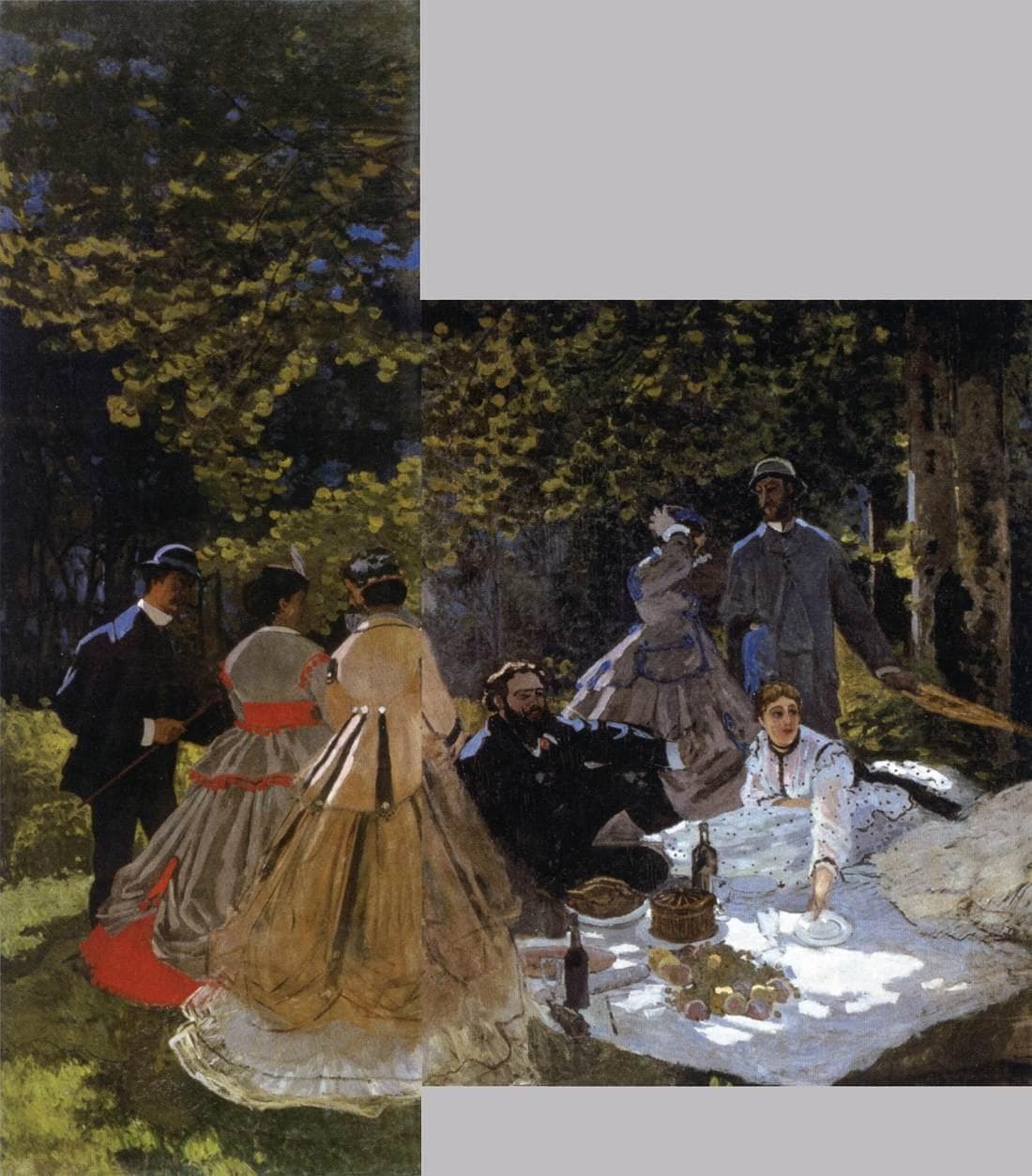 Two fragments of a large picnic scene in a forest: elegantly dressed men and women in crinolines stand and sit around a white cloth spread with food, sunlight dappling through the leaves — Claude Monet, Le Déjeuner sur l'herbe, 1865–66