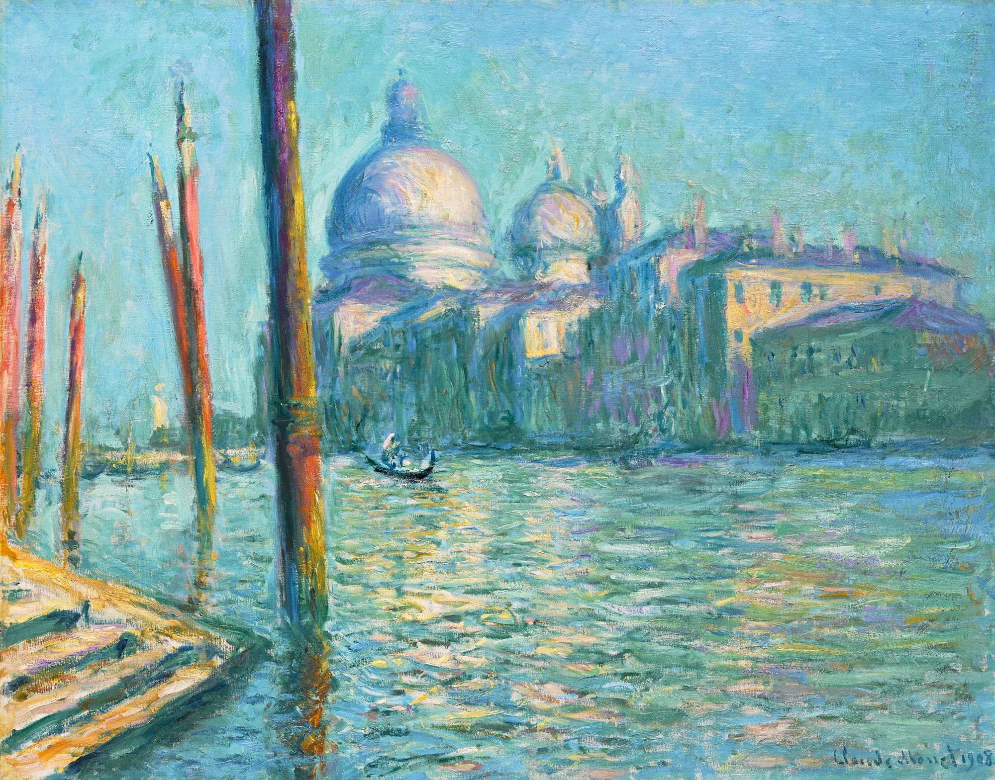 The white domes of Santa Maria della Salute rise across the sunlit Grand Canal, striped mooring poles and stone steps in the foreground and a gondola on the water — Claude Monet, Le Grand Canal et Santa Maria della Salute, 1908