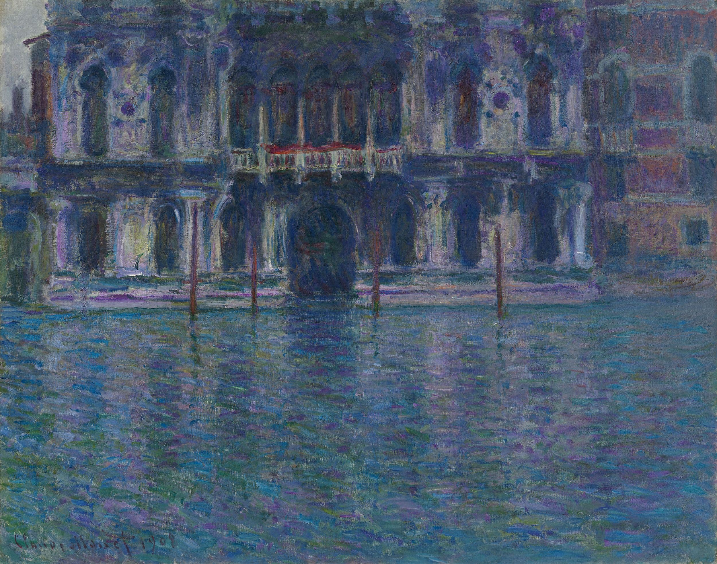 A Renaissance palace facade on a canal, cropped at the top and painted in blue, violet and green, with brown mooring posts and shimmering water below — Claude Monet, Le Palais Contarini, 1908