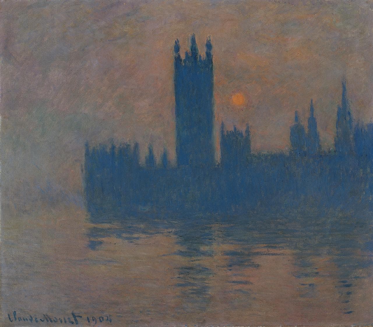 The Houses of Parliament stand as a deep blue silhouette with a small orange sun beside the tower in a smoky brown sky — Claude Monet, Le Parlement, coucher de soleil, 1904