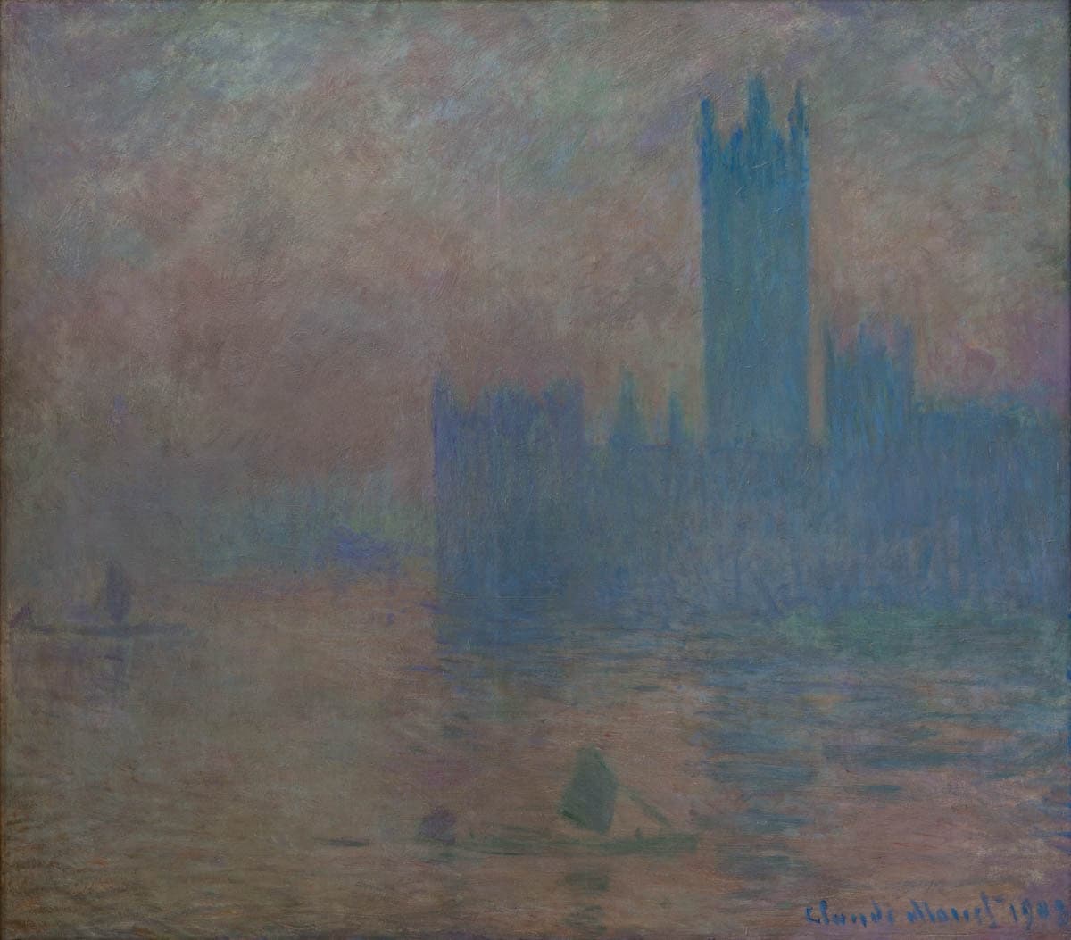 The Houses of Parliament rise as a blue silhouette in rose-brown fog, sailing barges on the Thames below — Claude Monet, Le Parlement de Londres, effet de brouillard, 1903