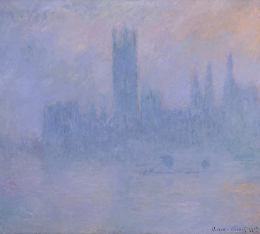 The Houses of Parliament dissolve into lavender and blue fog over the Thames, a few small boats faint on the water — Claude Monet, Houses of Parliament, Symphony in Blue, 1903