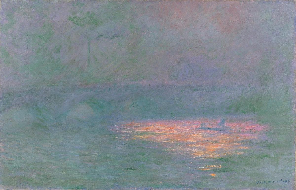 A bridge barely visible in grey-green fog above a river where a patch of orange and gold sunlight blazes around a small white sail — Claude Monet, Le Pont de Waterloo, 1902