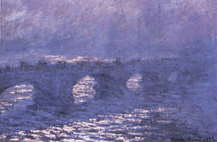A blue-violet bridge in thick mist, with pale sunlight shining through its arches onto a shimmering river — Claude Monet, Le pont de Waterloo, effet de soleil dans la brume, c. 1900–03