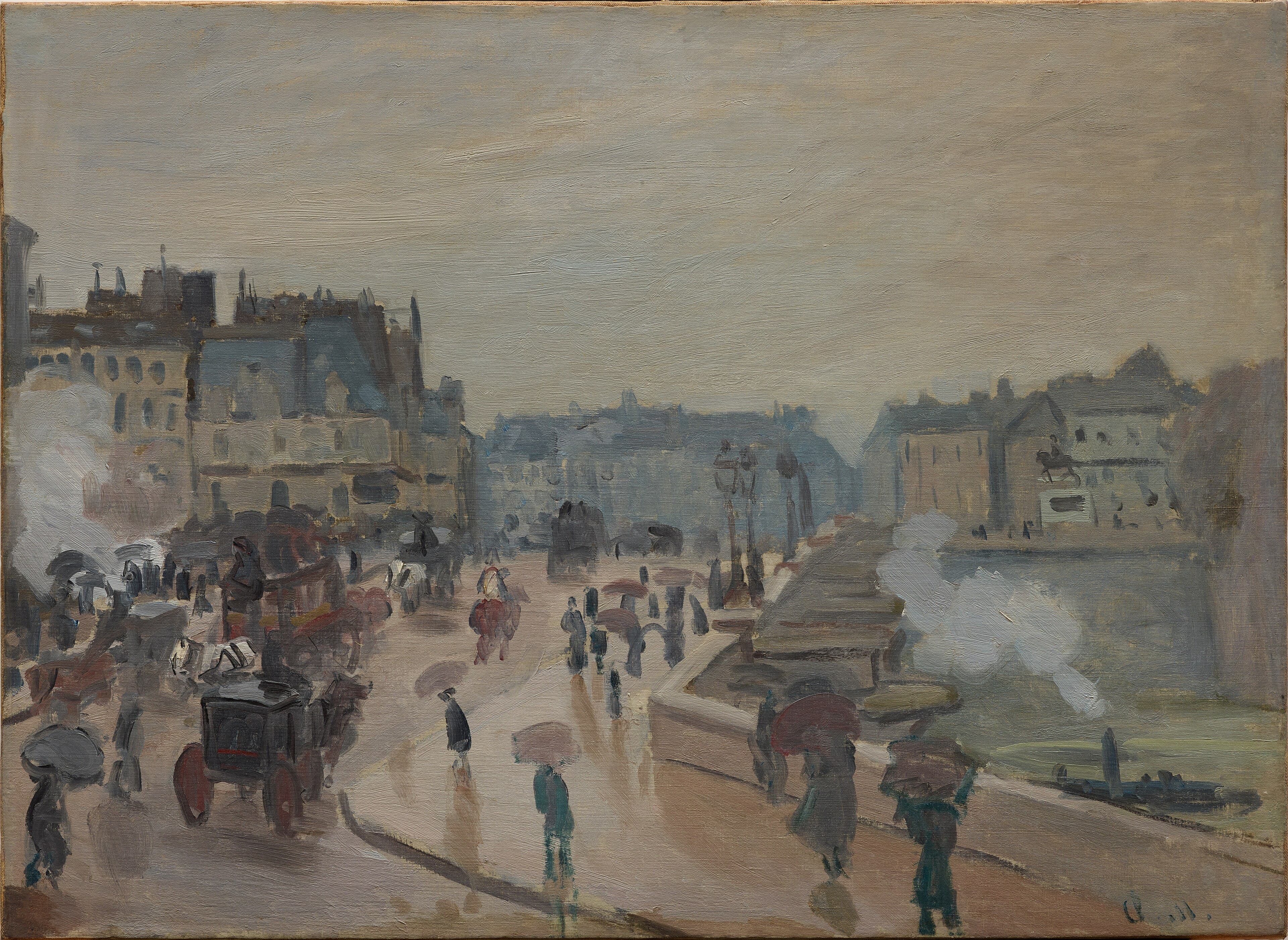 Pedestrians under umbrellas and horse-drawn carriages cross a wet bridge in Paris under a gray sky, steam rising from the river at right — Claude Monet, The Pont Neuf, 1871