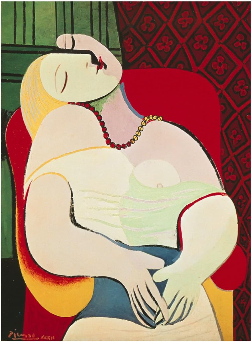 A blond woman with closed eyes sleeps in a red armchair, her head tilted back, beads at her neck, against green and red patterned walls — Pablo Picasso, Le Rêve, 1932