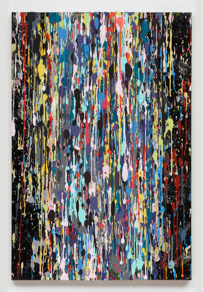 A tall panel covered in hundreds of vertical drips of turquoise, yellow, pink, red, gray and white paint over a glossy black ground — Jonathan Horowitz, Left-Over Paint Abstraction