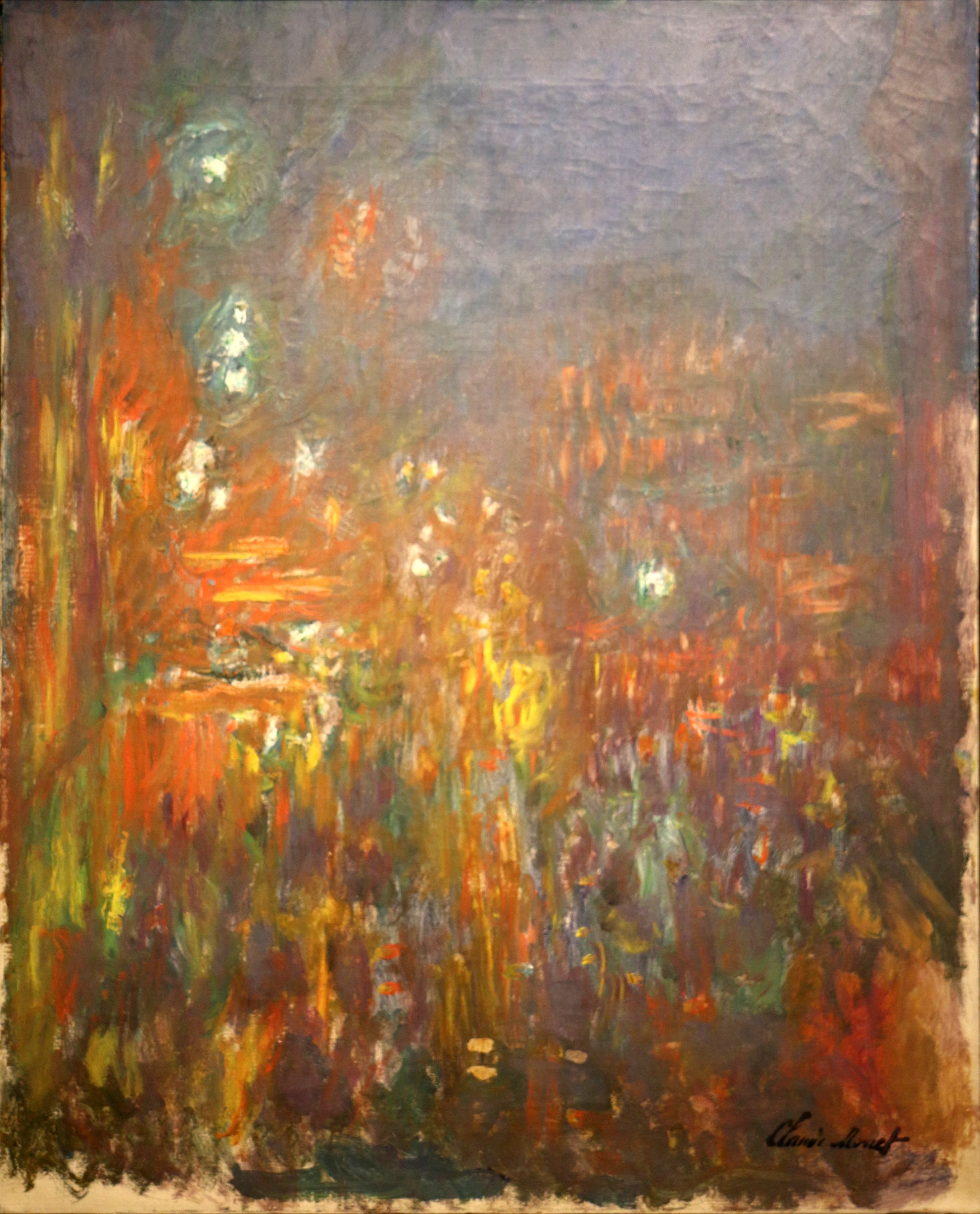 Streaks of orange, red, yellow and green light flare against a dark violet night above a crowded square — Claude Monet, Leicester Square, by Night, 1901