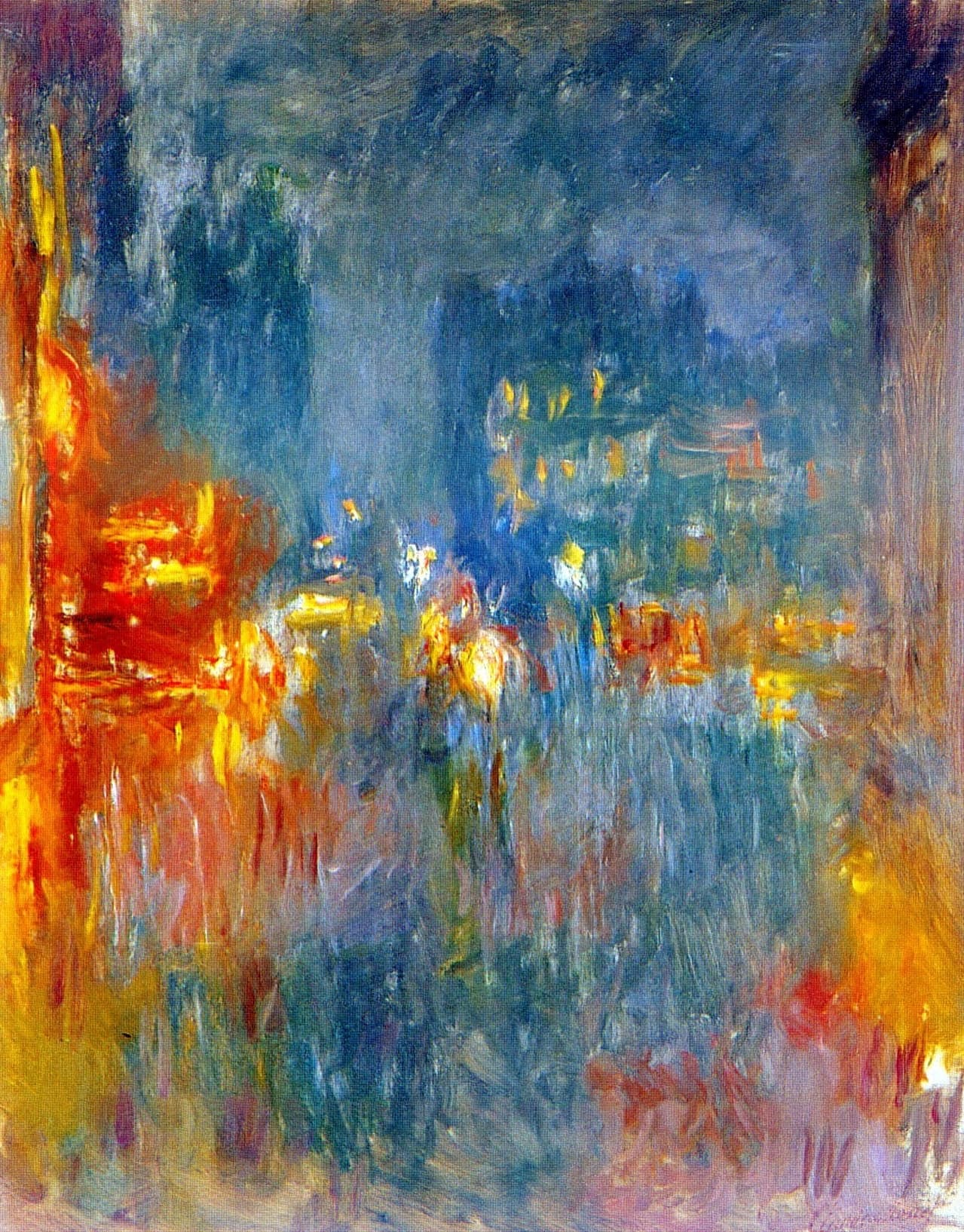 Blurred streaks and dots of orange, gold and white light glow through a deep blue-green haze in a city square at night — Claude Monet, Leicester Square, Night, c. 1901