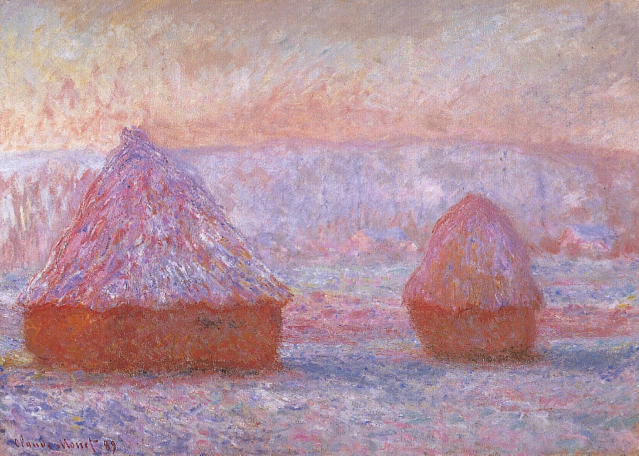 Two grainstacks with frosted pink roofs and red bases stand in a lavender frosty field under a hazy rose and gold morning sky — Claude Monet, Les Meules, Giverny, effet du matin, 1889