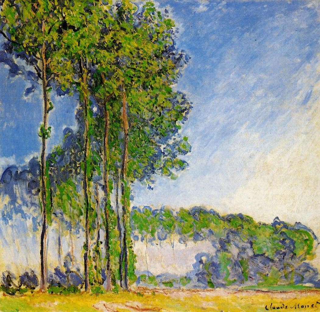 A cluster of tall poplars with yellow-green foliage stands at left against a blue sky streaked with white cloud above a yellow meadow — Claude Monet, Les Peupliers, 1891