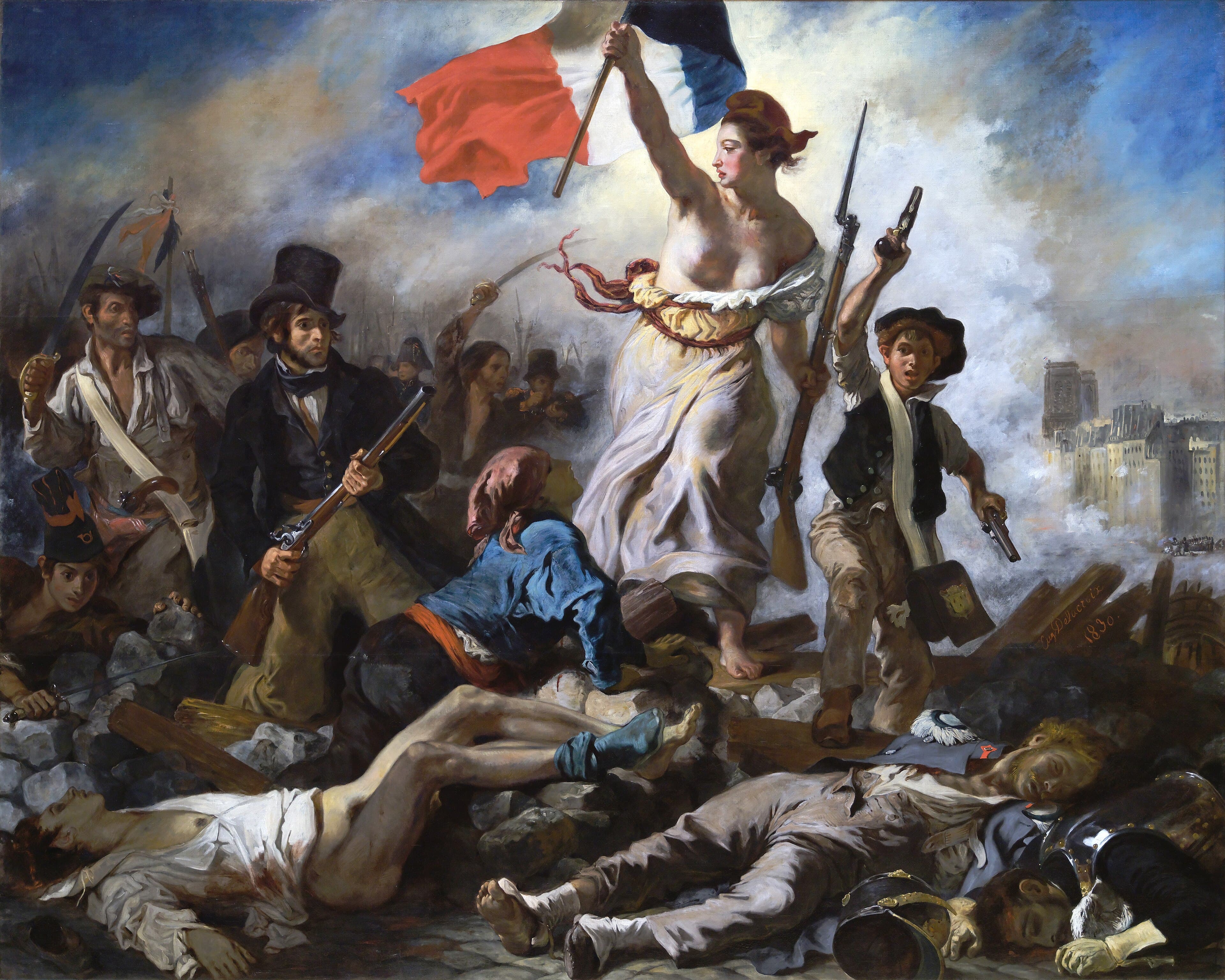 A bare-breasted woman in a red cap raises the French tricolor and a musket over a barricade of bodies as armed Parisians follow her through the smoke — Eugène Delacroix, Liberty Leading the People, 1830