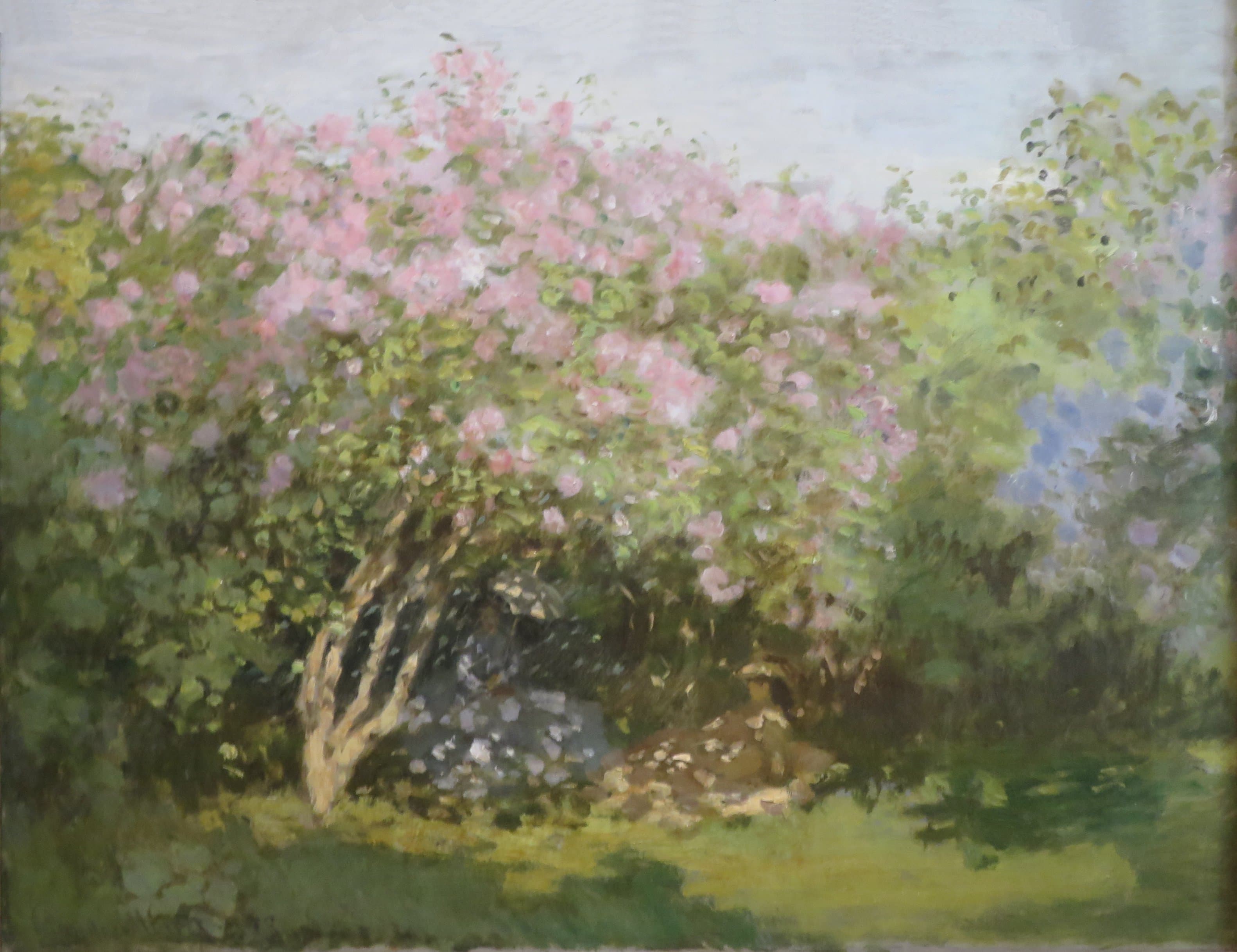 A large lilac bush in pink bloom shades two women seated on the grass, a sunlit lawn in front — Claude Monet, Lilac in the Sun, 1873