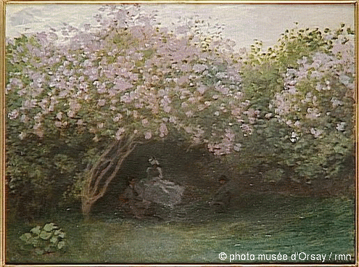 Figures rest in the shade beneath a large flowering lilac bush, a muted green lawn in front, under a white overcast sky — Claude Monet, Lilacs, Gray Weather, 1872–73