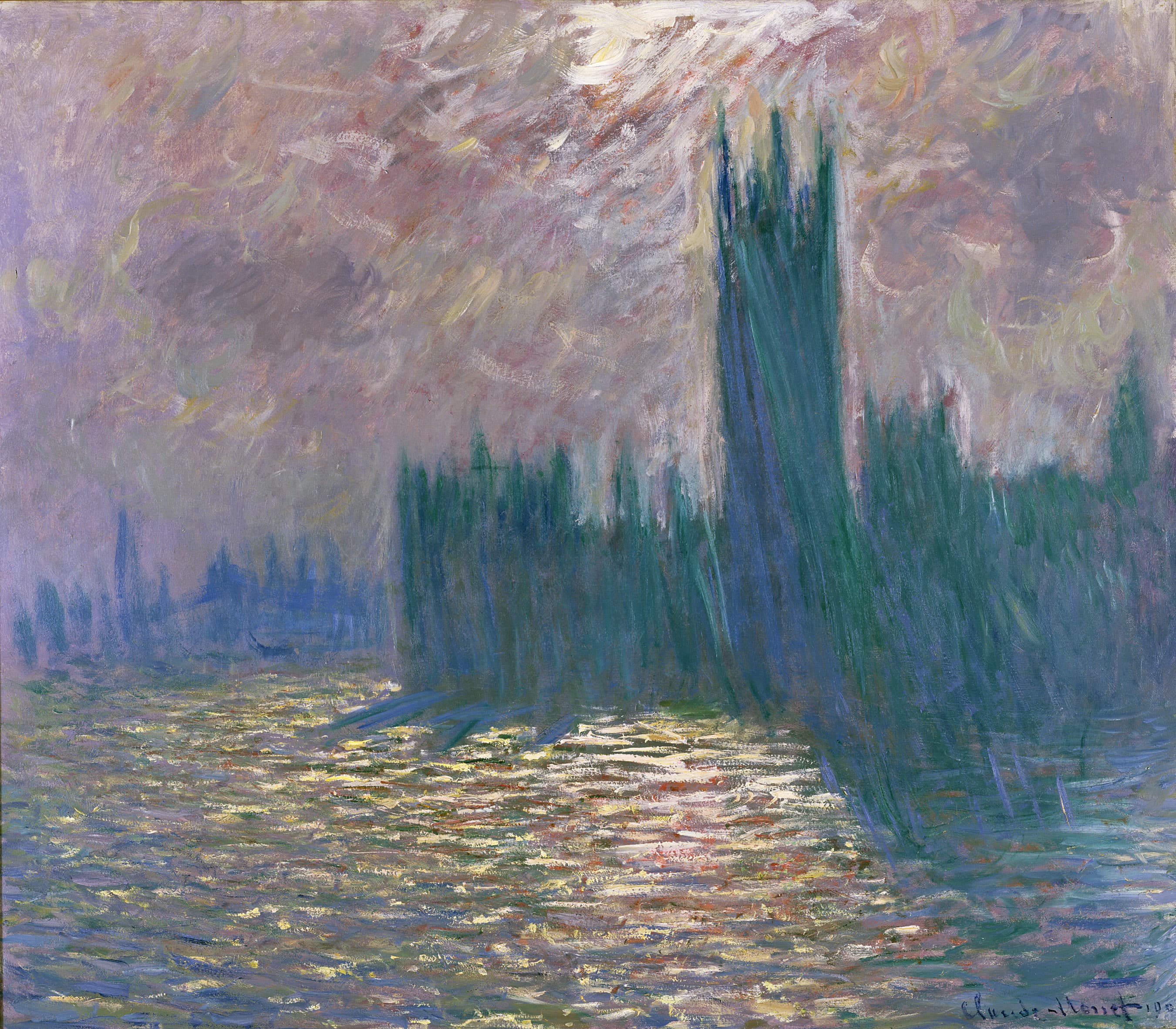 The Houses of Parliament rise as a streaky green and blue silhouette under a churning pink sky, sunlight glittering on the Thames — Claude Monet, London, Parliament, Reflections on the Thames, 1905