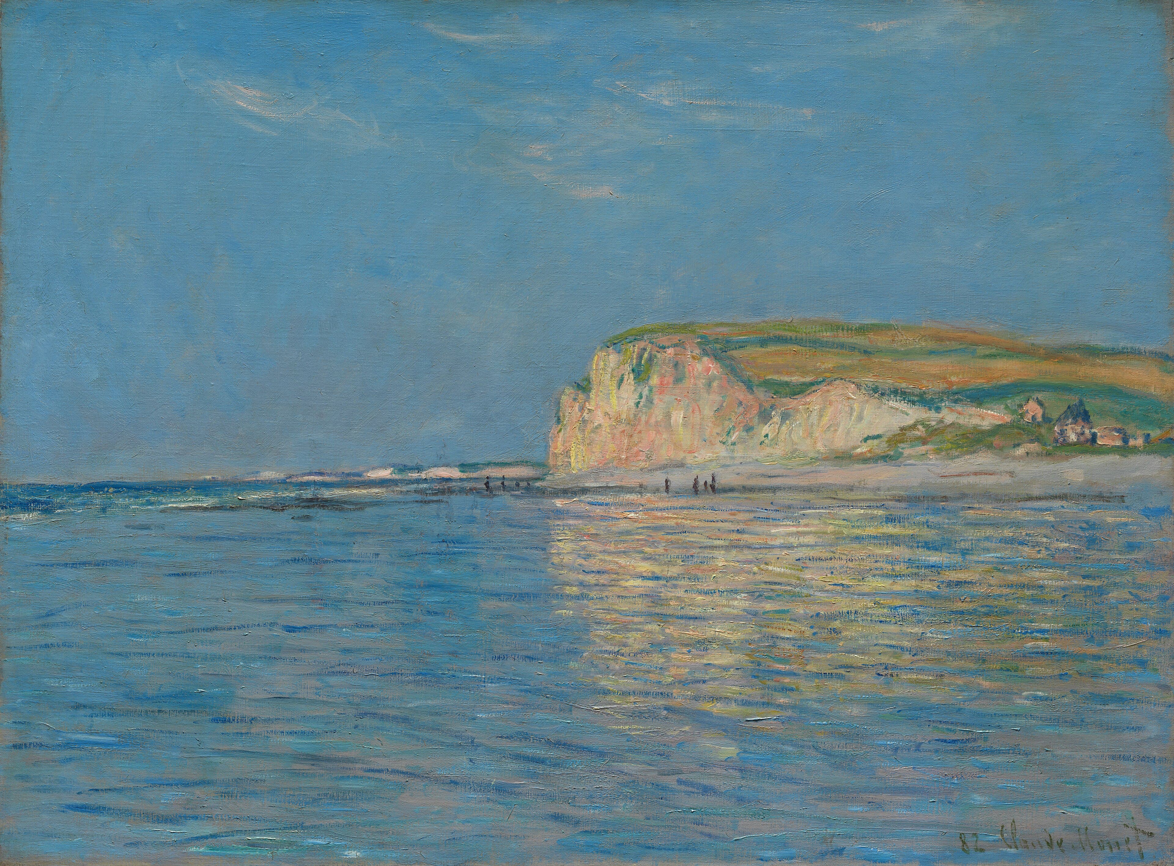 Calm blue sea at low tide under a clear sky, a chalk cliff lit gold and pink at right with its warm reflection in the water — Claude Monet, Low Tide at Pourville, near Dieppe, 1882