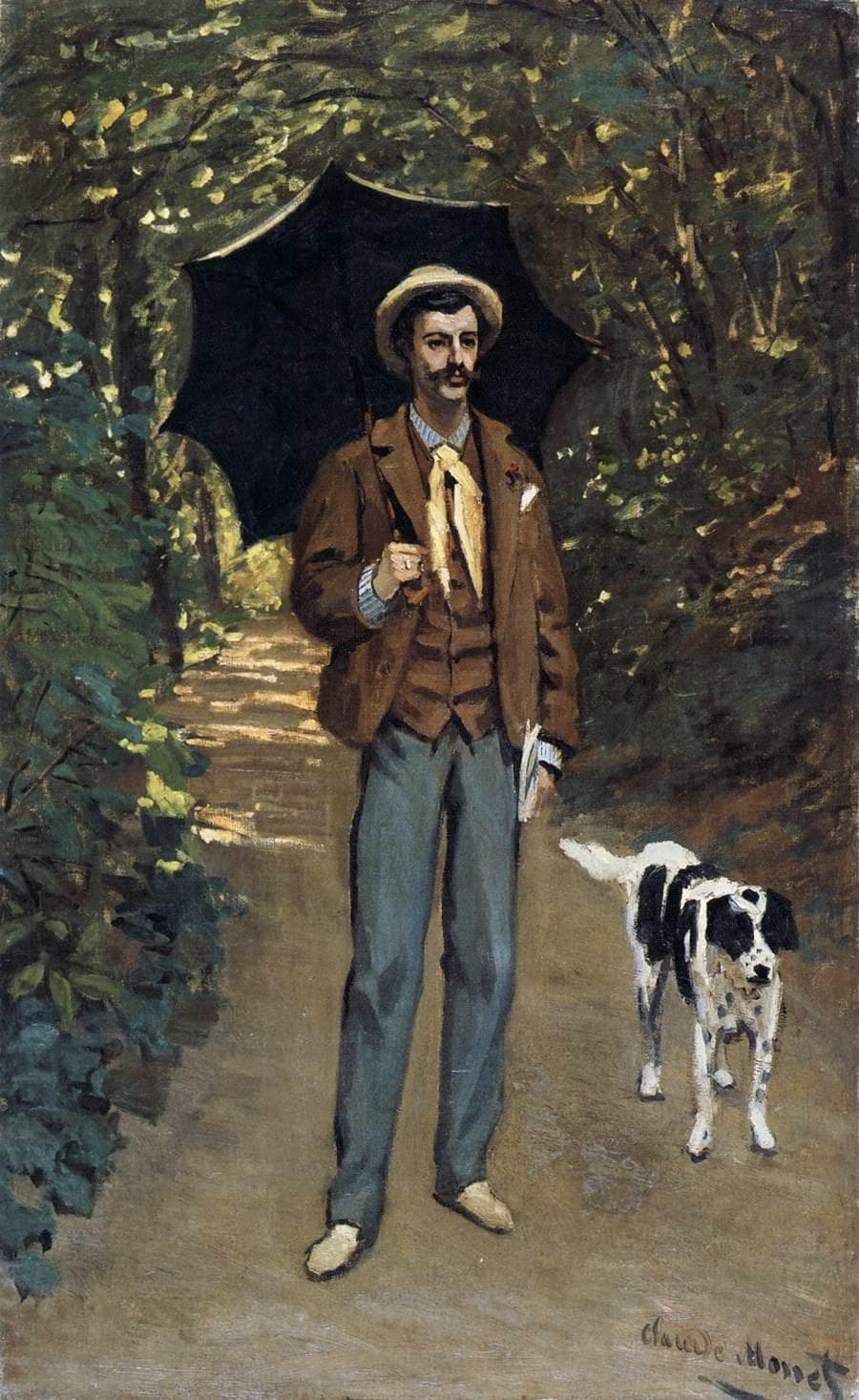 A man in a straw boater and brown jacket holds a black parasol on a sun-dappled woodland path, a black-and-white spotted dog beside him — Claude Monet, Man with a Parasol (Victor Jacquemont), 1865–67