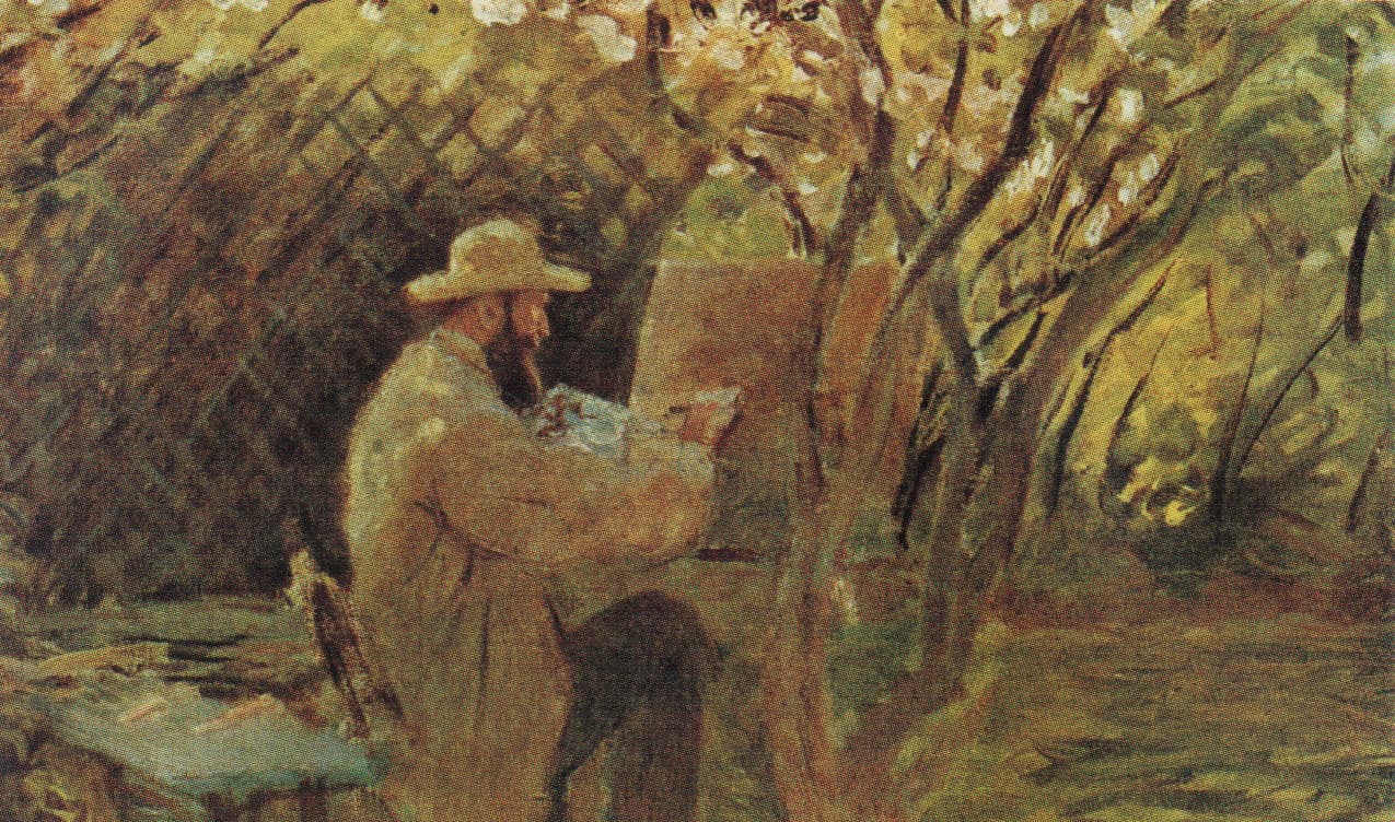 A bearded man in a straw hat and beige smock paints at an easel in a leafy garden beside a trellis and slender tree — Claude Monet, Manet Painting in Monet's Garden at Argenteuil, 1874
