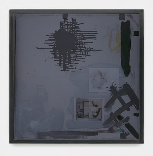 A square framed panel of gray-violet tinted acrylic over a black splattered grid, yellow and black strokes, a photo of a white rabbit and a small collage — Josephine Meckseper, Masculine Feminine