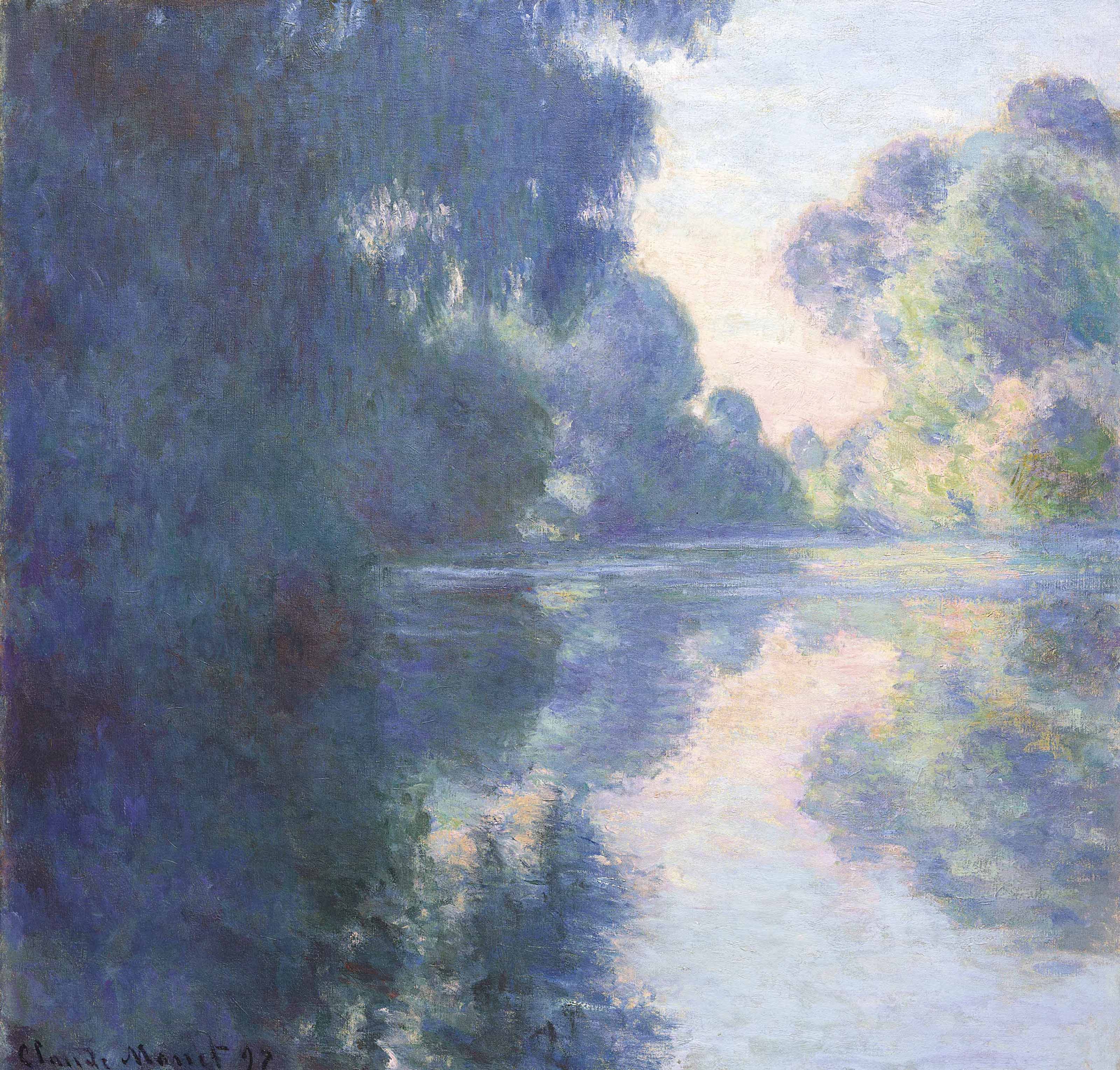 A blue shadowed bank of trees at left and sunlit pale green trees at right frame a cream dawn sky, all reflected in still water — Claude Monet, Matinée sur la Seine, 1897