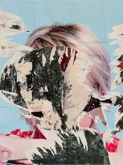 A woman with glossy blond hair against pale blue, her face and shoulders obliterated by torn, streaked fragments of black-and-white and red printed imagery — Josephine Meckseper, May she. Have hear. Birds., 2016