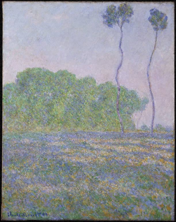 A shimmering lilac and yellow-green meadow with a soft mass of trees at left and two tall, slender trees at right under a pale pink sky — Claude Monet, Meadow at Giverny, 1894