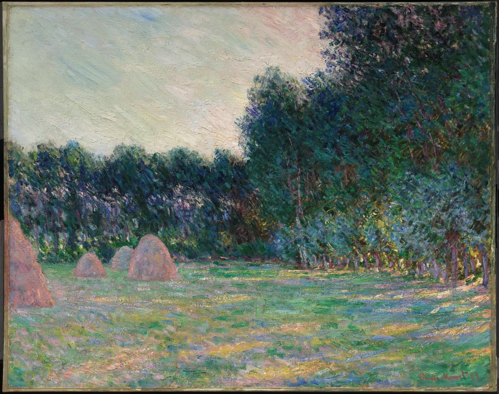 A long meadow striped with blue shadows, four pinkish haystacks at left and a dark wall of trees at right under a pale sky — Claude Monet, Meadow with Haystacks near Giverny, 1885