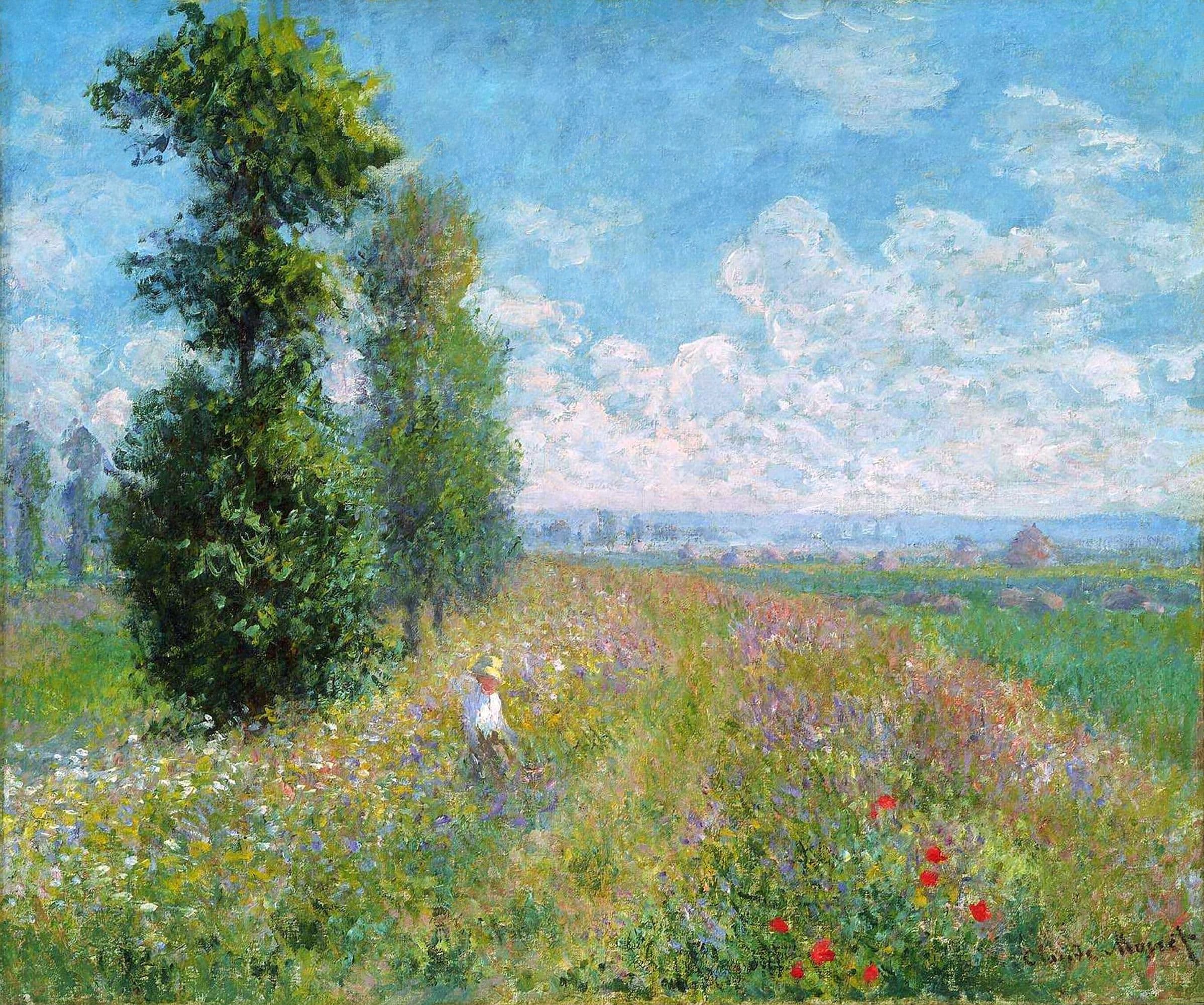 Two tall poplars beside a flowering summer meadow with red poppies and a small child in a straw hat, white clouds above — Claude Monet, Meadow with Poplars, c. 1875