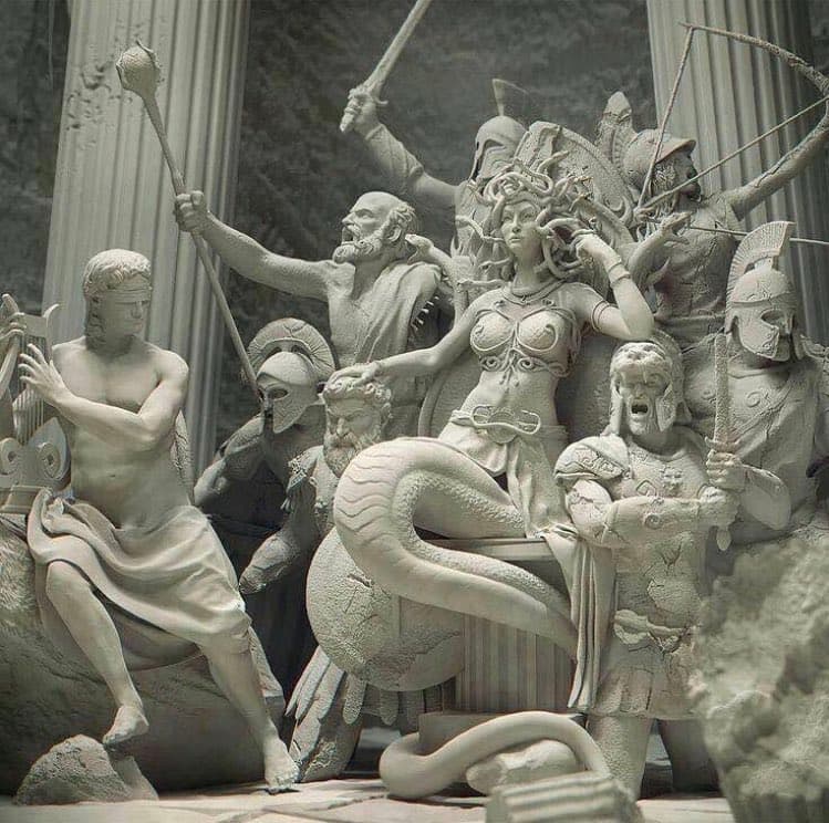 A gray sculpted scene of Medusa with snake hair and a serpent's tail seated on a column, surrounded by helmeted Greek warriors with swords and a bow, a blindfolded lyre player at left — Reza Sedghi, Medusa on Her Throne, 2021