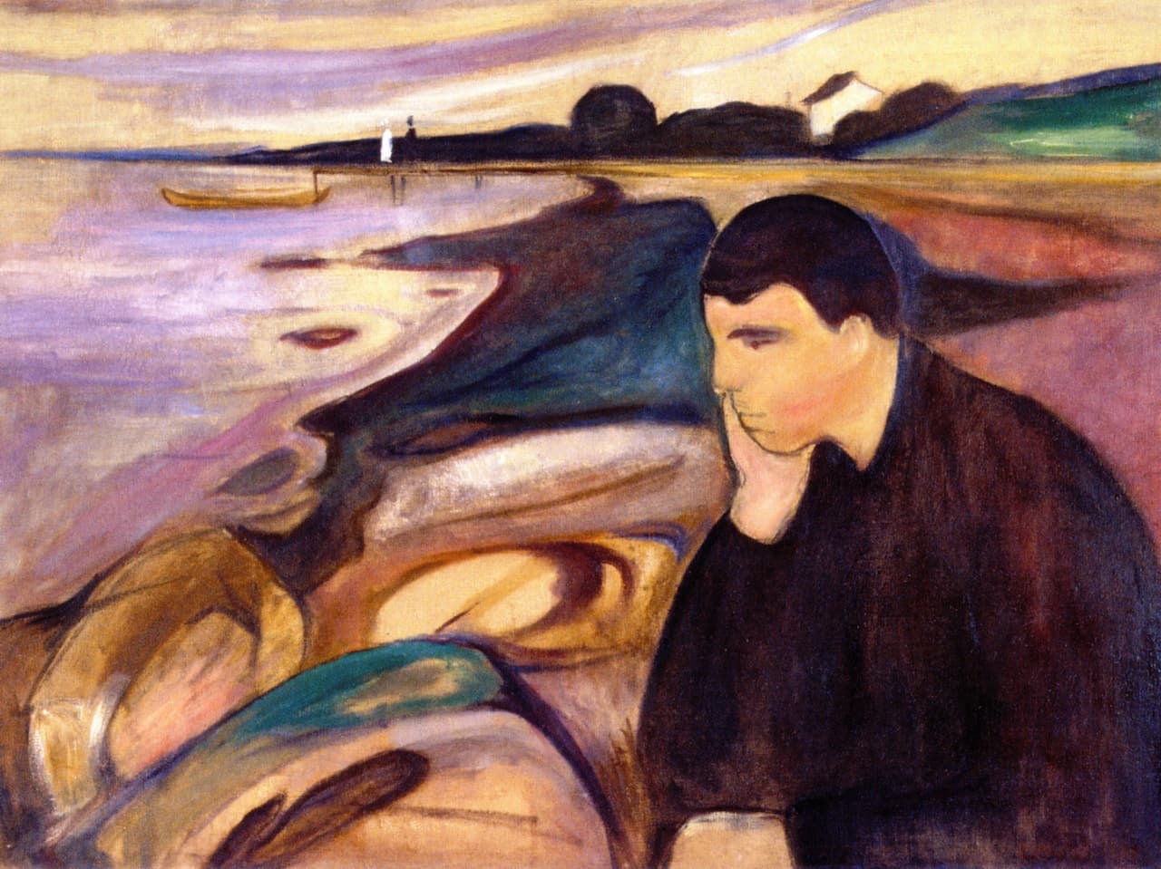 A dark-haired man in black rests his cheek on his hand in the foreground of a curving yellow and violet shoreline, a couple and boat far off — Edvard Munch, Melancholy, 1894–96