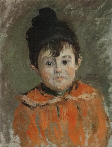 A small boy with dark eyes in a black pompon bonnet and orange-red frilled coat looks straight out — Claude Monet, Michel Monet with a Pompon, 1880